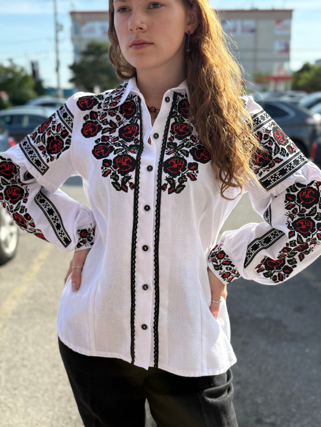 Women’s Embroidered Shirt "Bud" – White Ukrainian Vyshyvanka with Red and Black Rose Embroidery