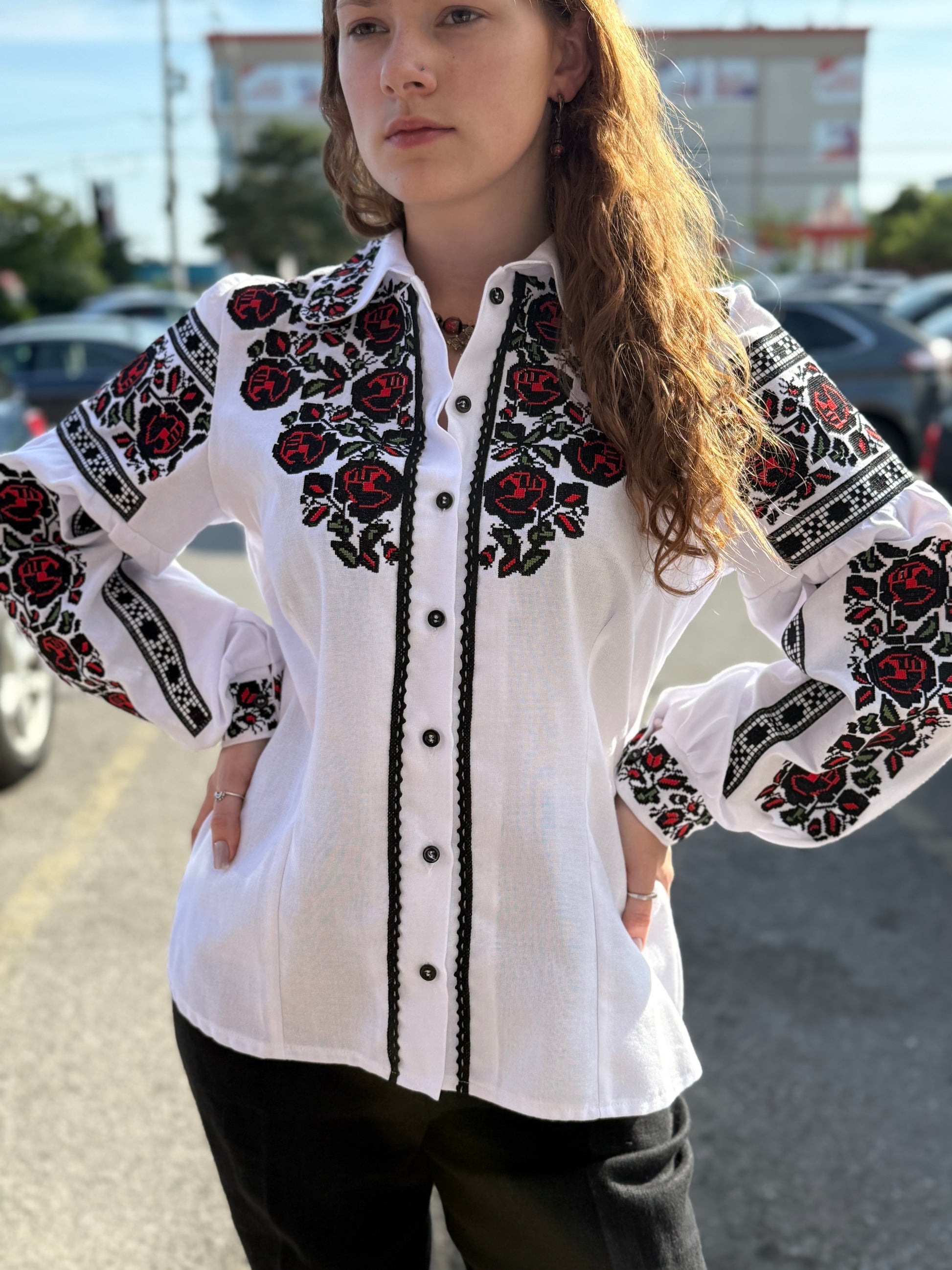 Women’s Embroidered Shirt "Bud" – White Ukrainian Vyshyvanka with Red and Black Rose Embroidery