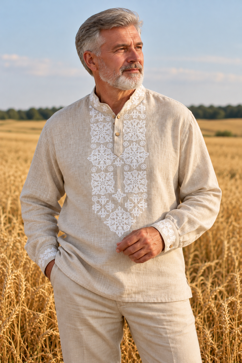 Men's Natural Beige Linen Shirt with White Traditional Ukrainian Block Print