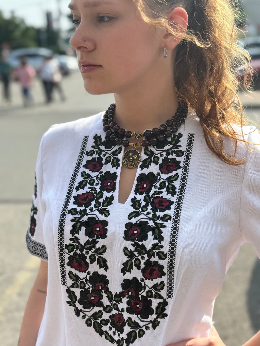 Women’s Embroidered Shirt "Festive" – Short Sleeve Ukrainian Vyshyvanka with Colorful Floral Embroidery