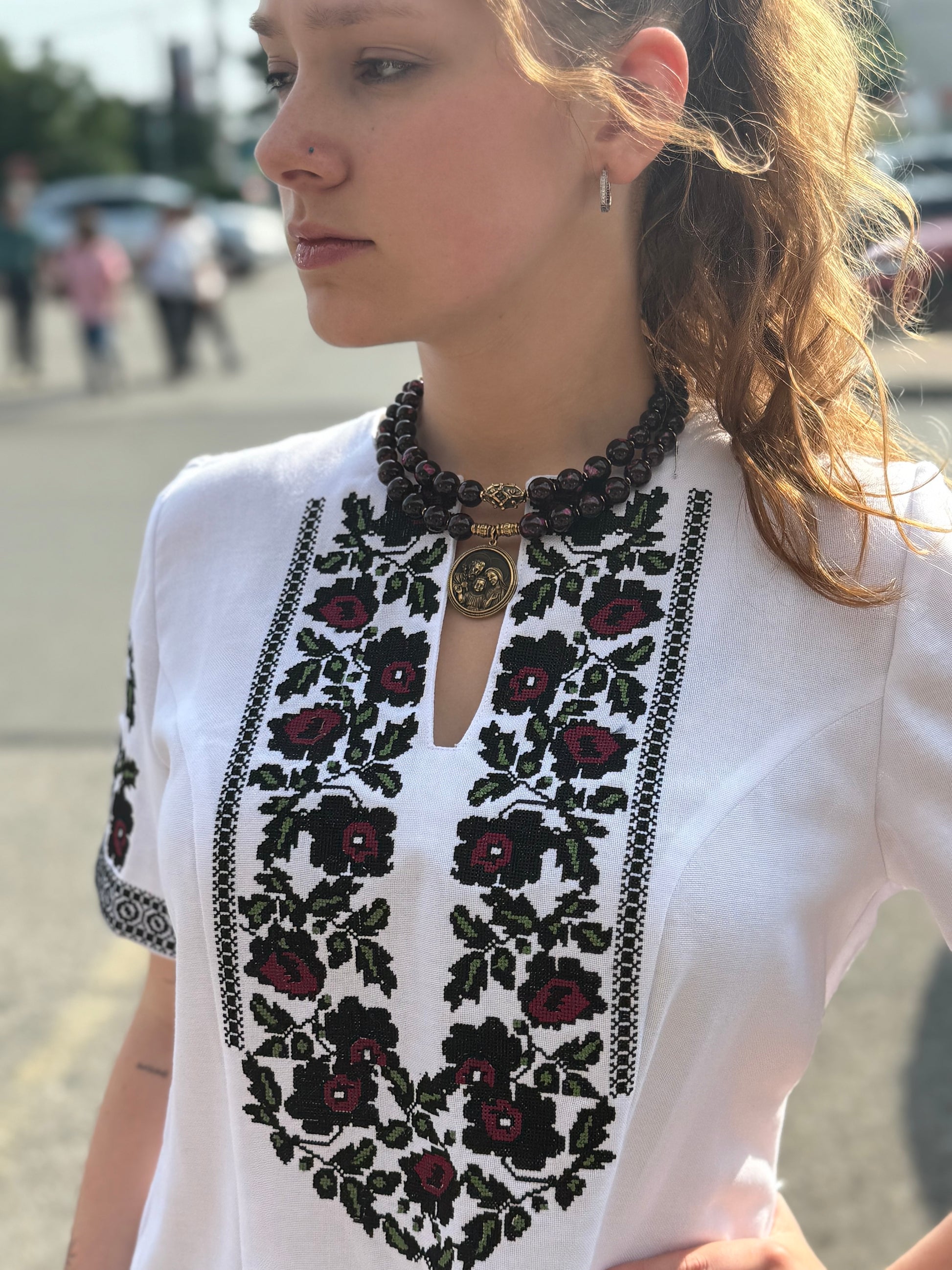 Women’s Embroidered Shirt "Festive" – Short Sleeve Ukrainian Vyshyvanka with Colorful Floral Embroidery