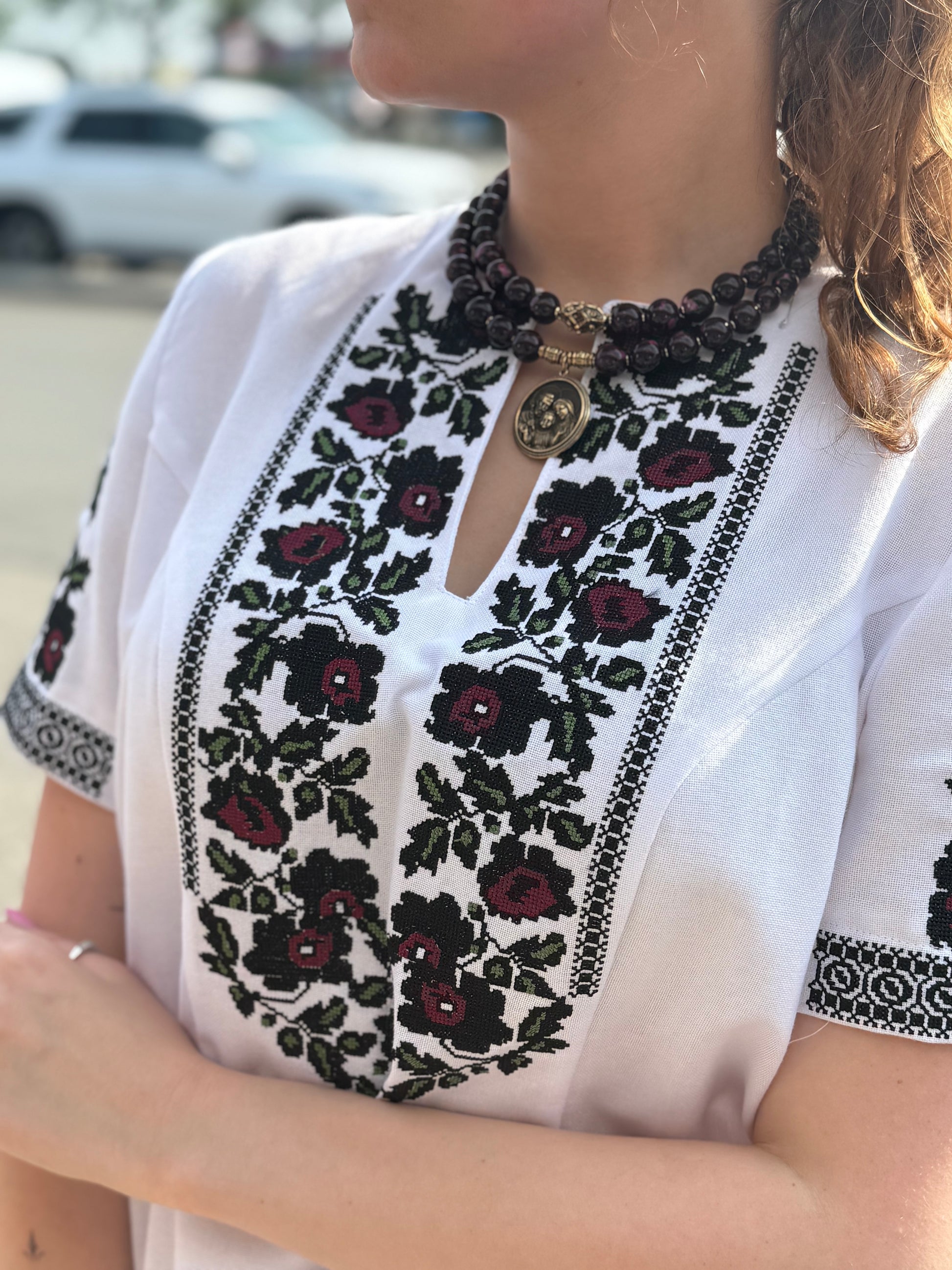 Women’s Embroidered Shirt "Festive" – Short Sleeve Ukrainian Vyshyvanka with Colorful Floral Embroidery