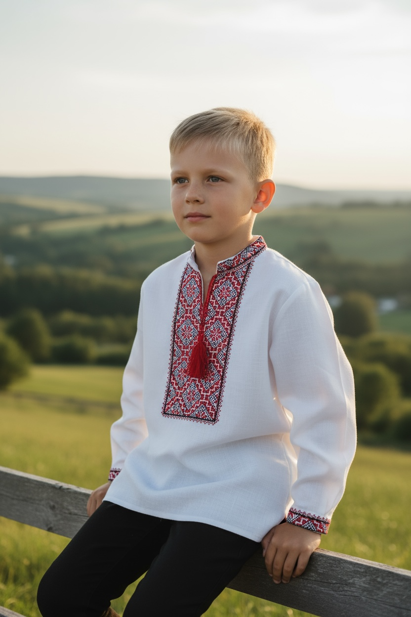 Boys White Vyshyvanka Cotton Long Sleeve In Ukrainian Traditions