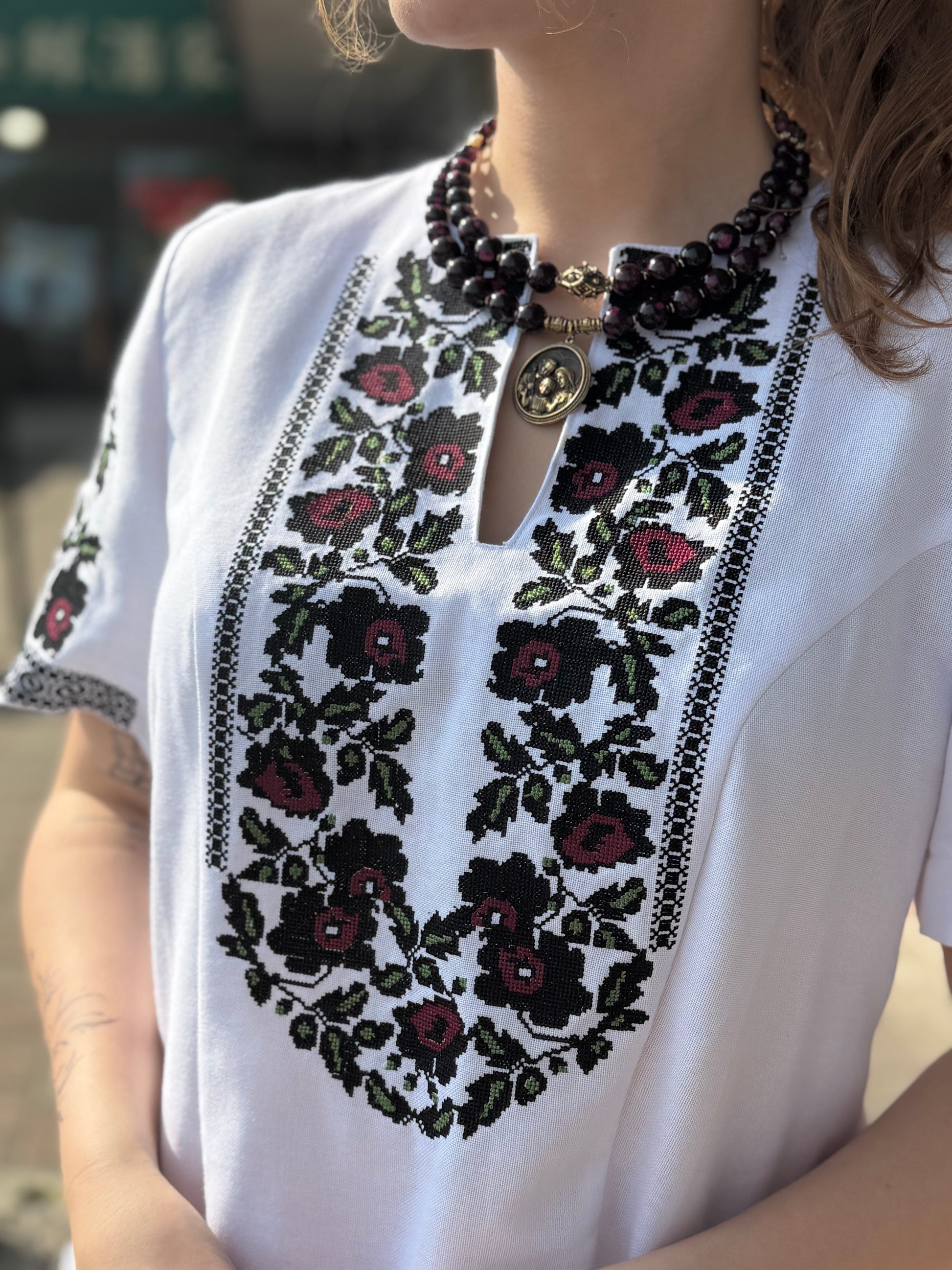 Women’s Embroidered Shirt "Festive" – Short Sleeve Ukrainian Vyshyvanka with Colorful Floral Embroidery