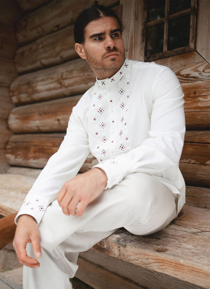 “Neboskhyl” White Embroidered Shirt for Men
