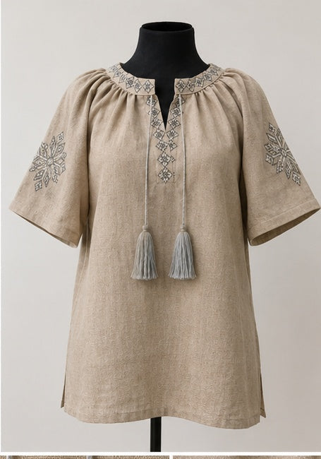 Women’s Linen Grey Embroidered Blouse