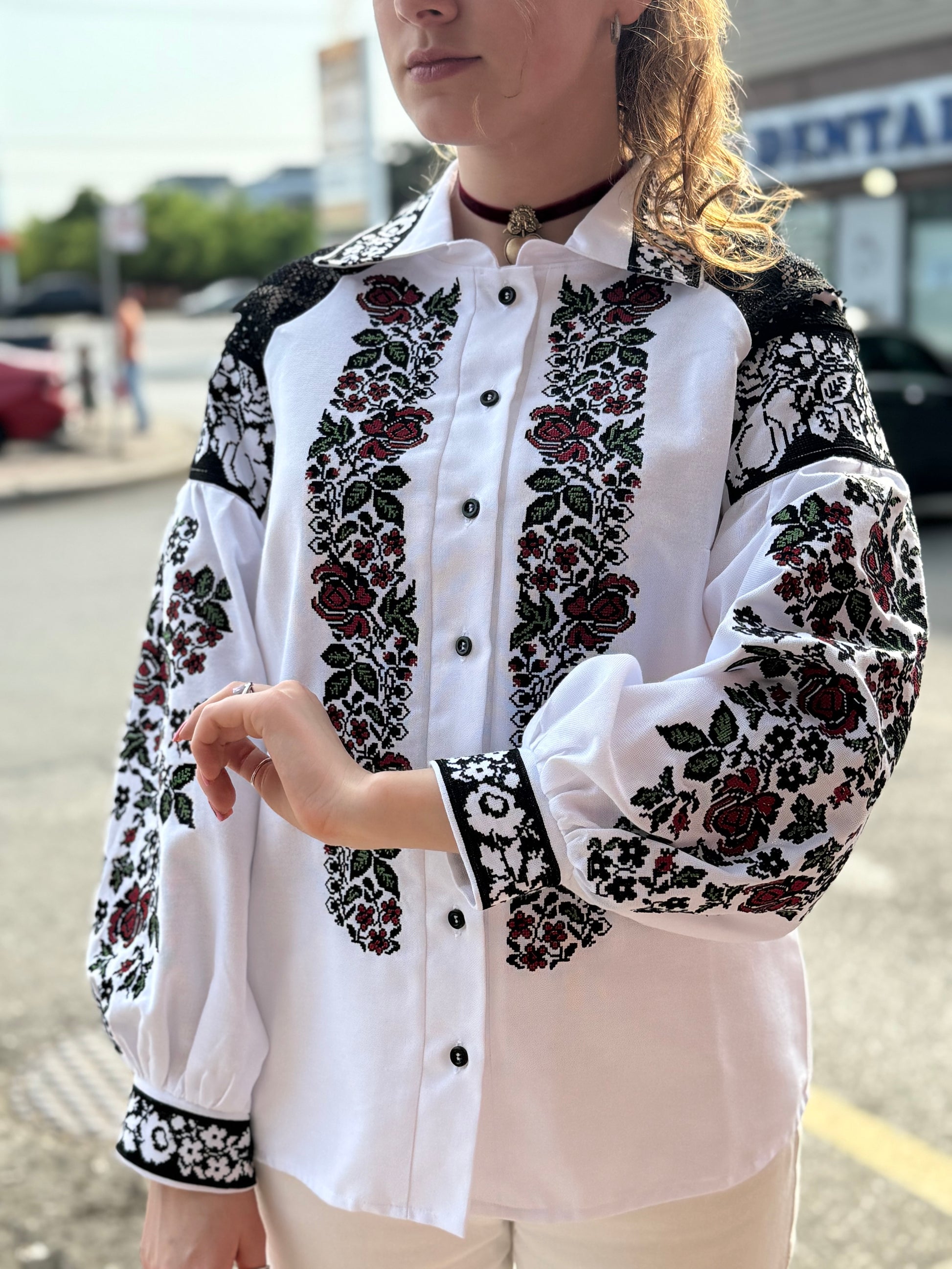 Women’s Embroidered Shirt "Ruta" – Ukrainian Vyshyvanka with Collar and Lace Accents