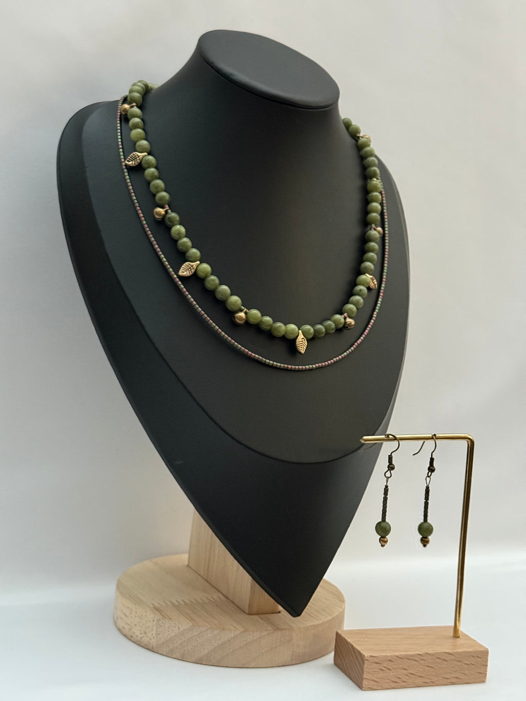 Double-Strand Green Jade and Bead Necklace with Brass Pendants | Necklace & Earrings Set