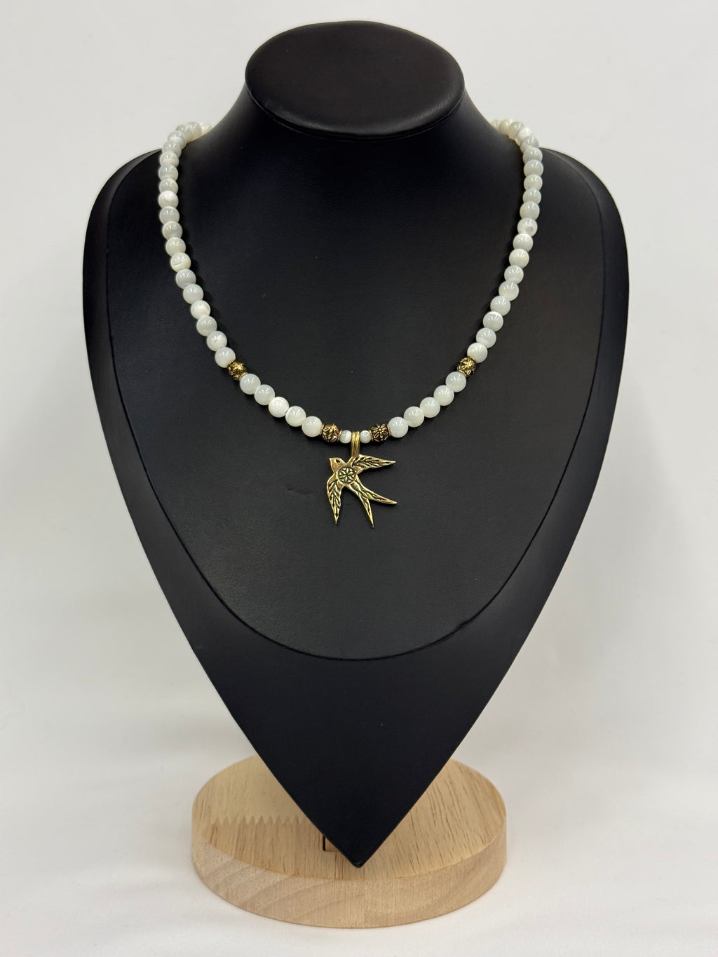 Mother of Pearl Necklace with “Swallow” Brass Pendant