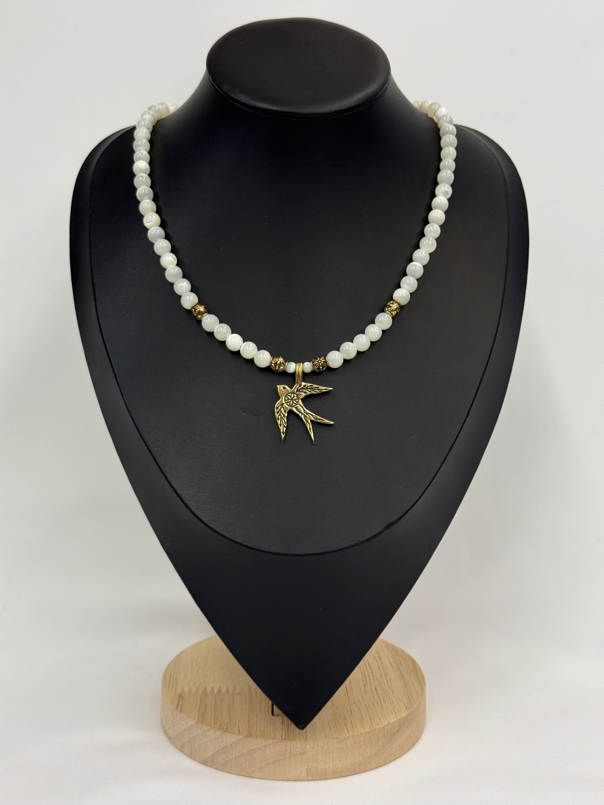 Mother of Pearl Necklace with “Swallow” Brass Pendant