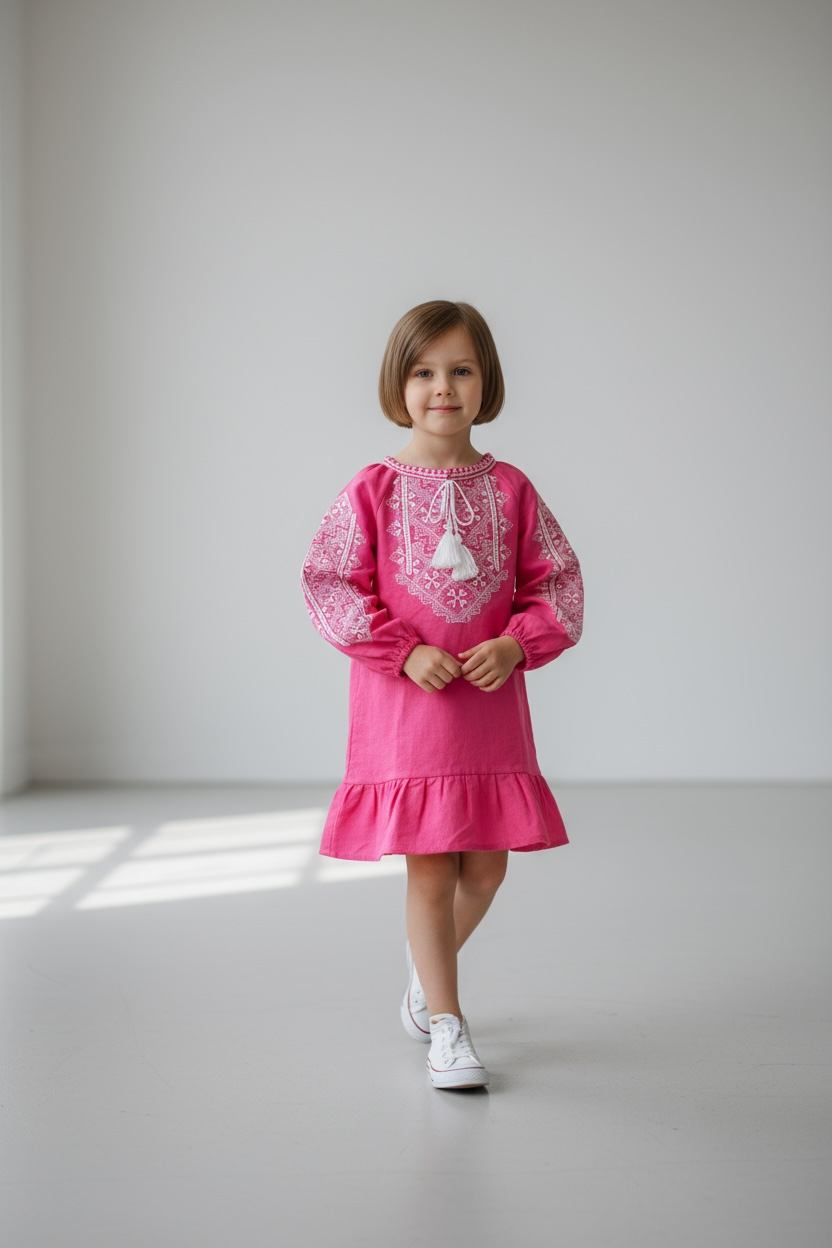 Girls Pink Viscose Vyshyvanka Dress Long Sleeve In Ukrainian Traditions