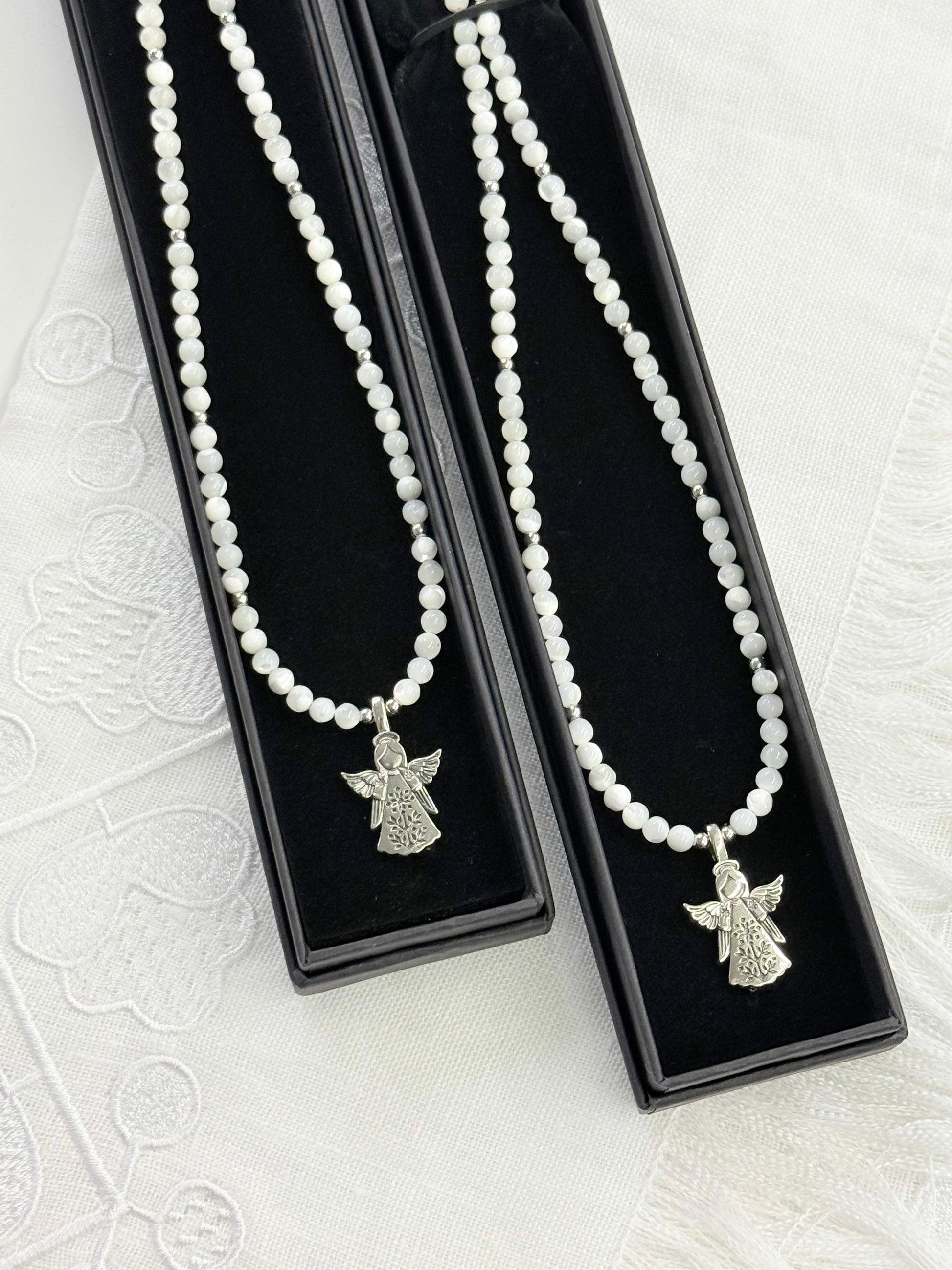 Mother of Pearl Necklace with “Angel” German Silver Pendant