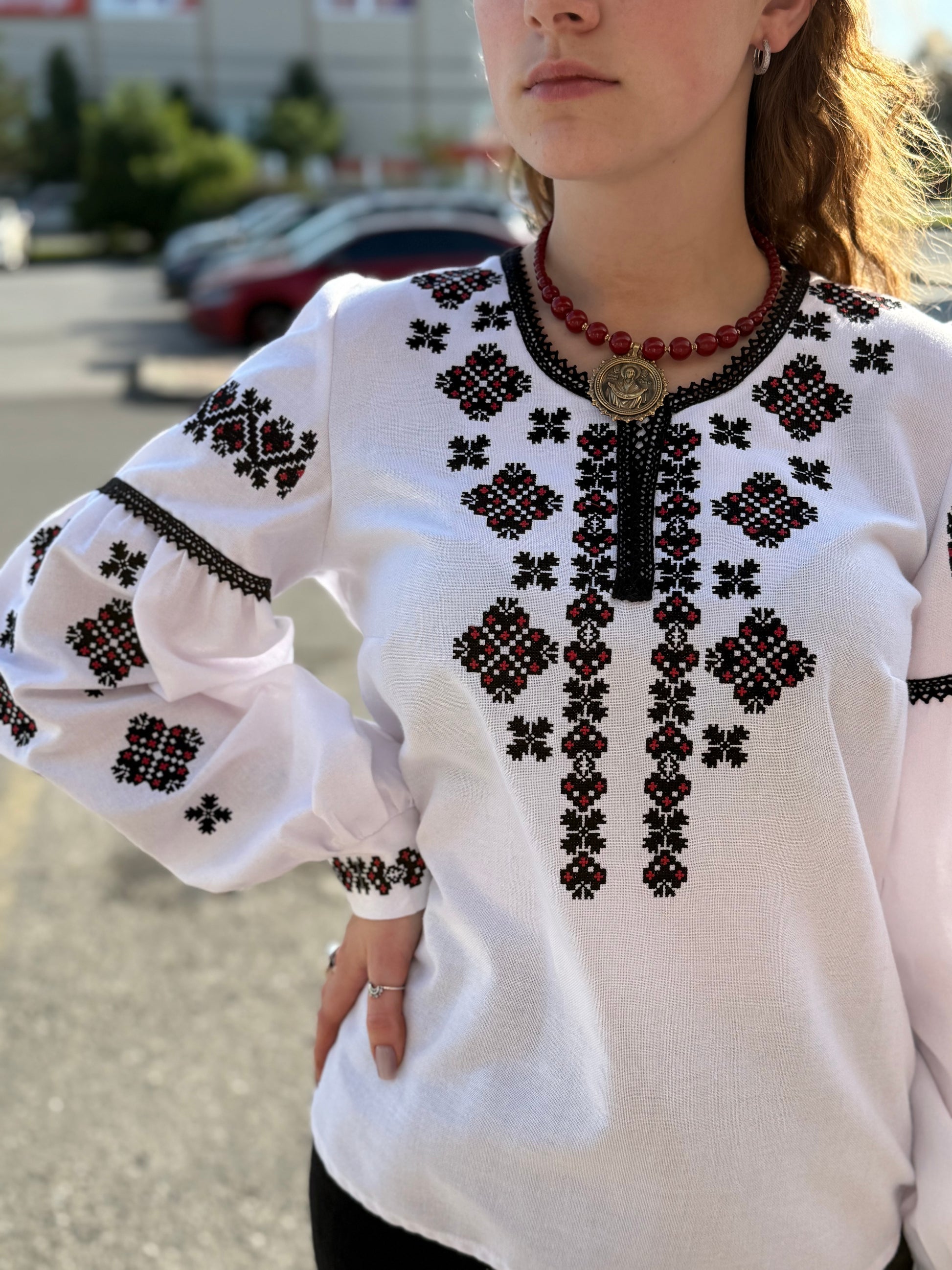 Women’s Embroidered Shirt "Heart" – White Ukrainian Vyshyvanka with Red and Black Embroidery