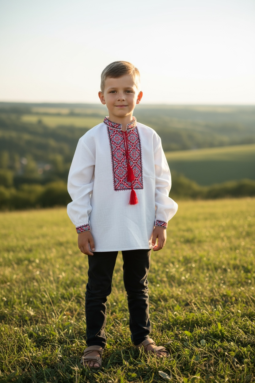 Boys White Vyshyvanka Cotton Long Sleeve In Ukrainian Traditions