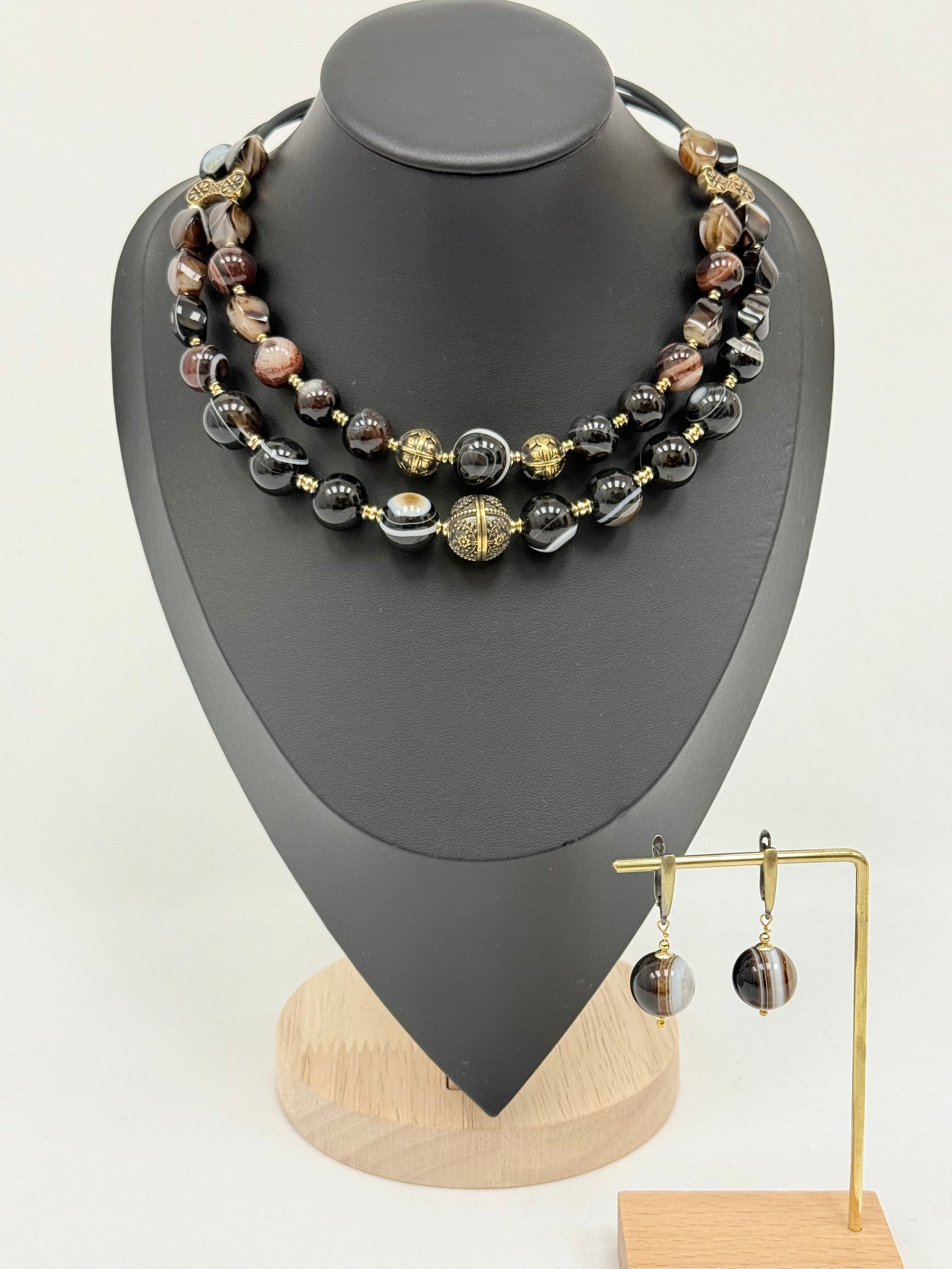 Two-Strand Striped Agate Choker with Brass Beads