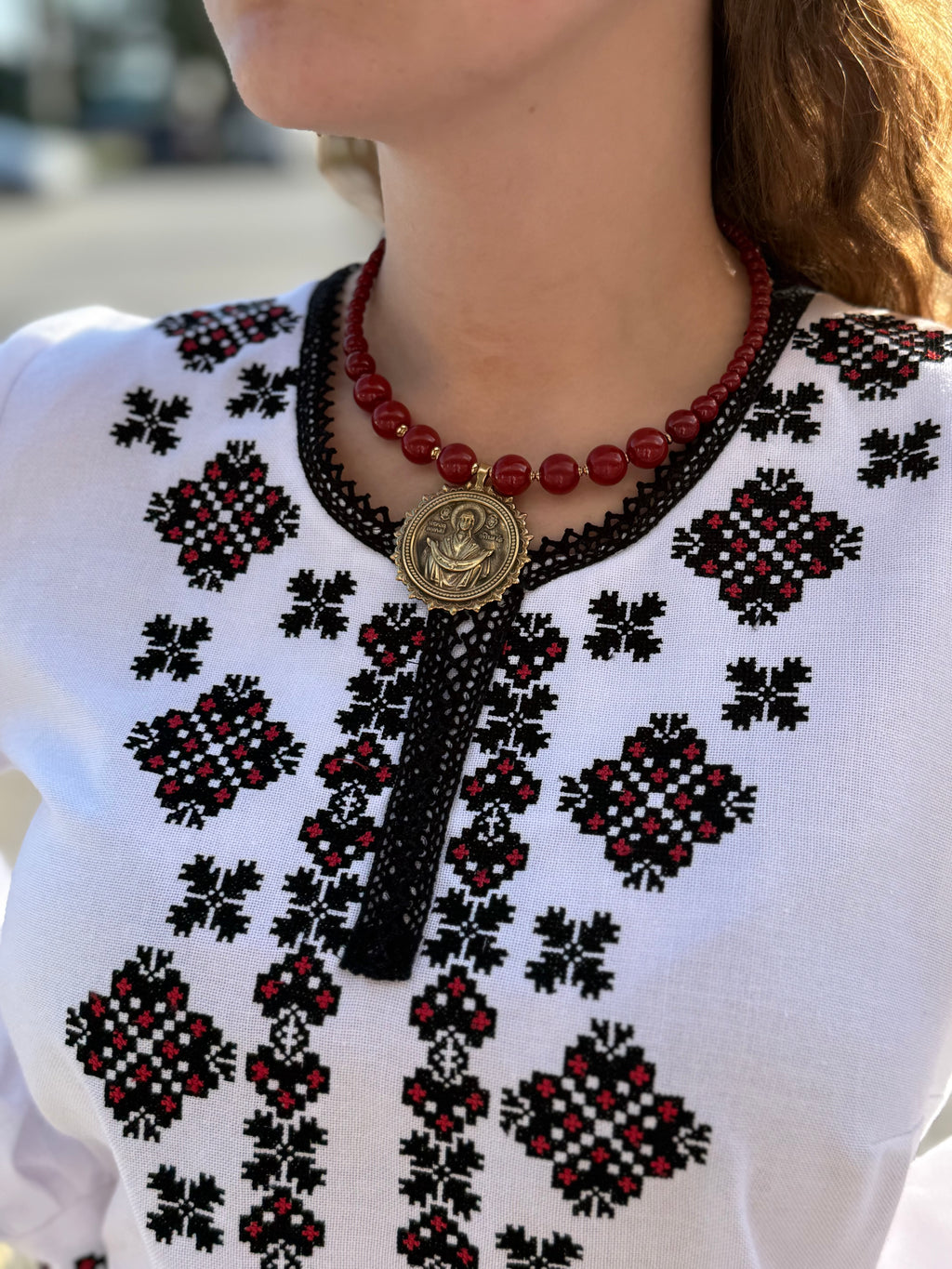 Women’s Embroidered Shirt "Heart" – White Ukrainian Vyshyvanka with Red and Black Embroidery