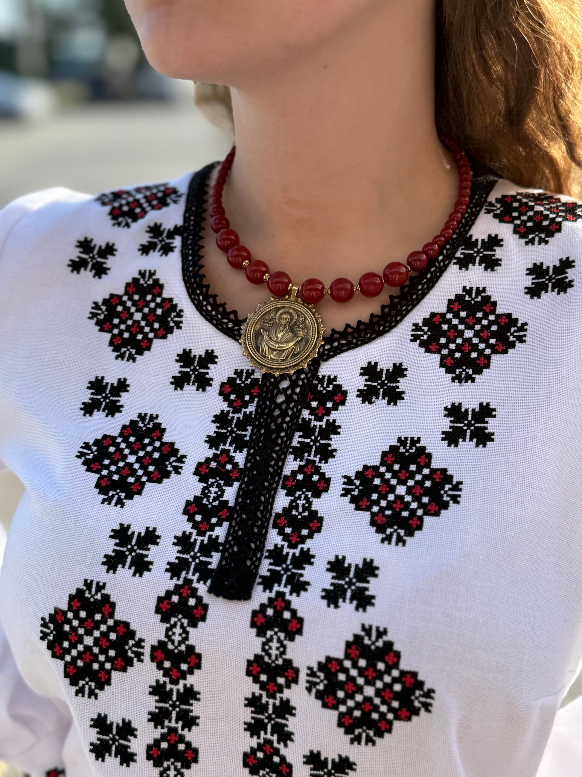 Women’s Embroidered Shirt "Heart" – White Ukrainian Vyshyvanka with Red and Black Embroidery