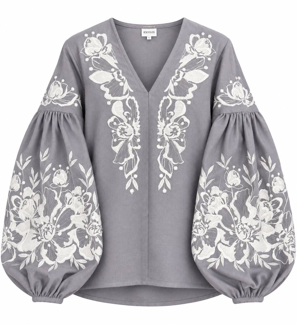 Women's Grey Embroidered Blouse with White Floral Embroidery