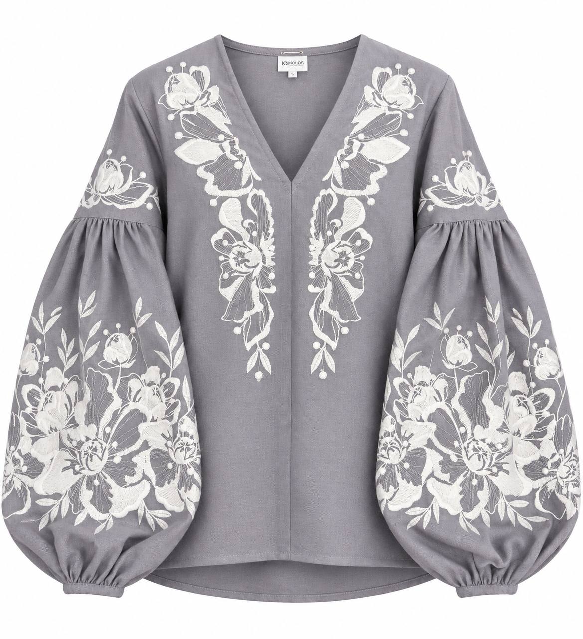 Women's Grey Embroidered Blouse with White Floral Embroidery