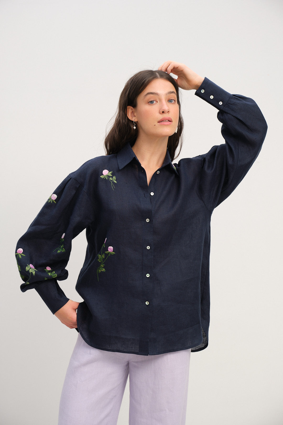 Dark Blue Linen Shirt with Puffy Sleeves and Hand-Embroidered Clover