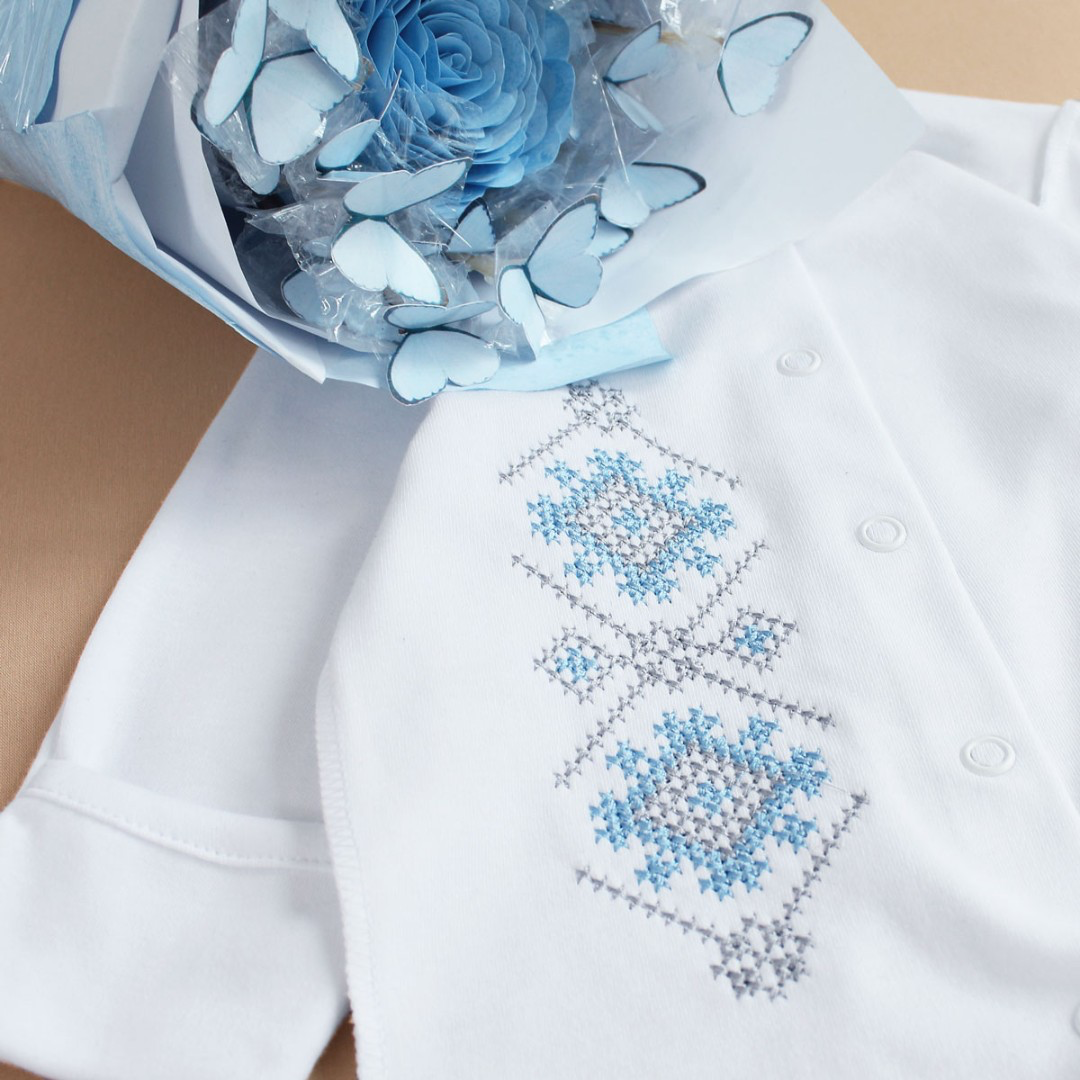 Embroidered Baby Boy Romper with Traditional Ukrainian Ornament