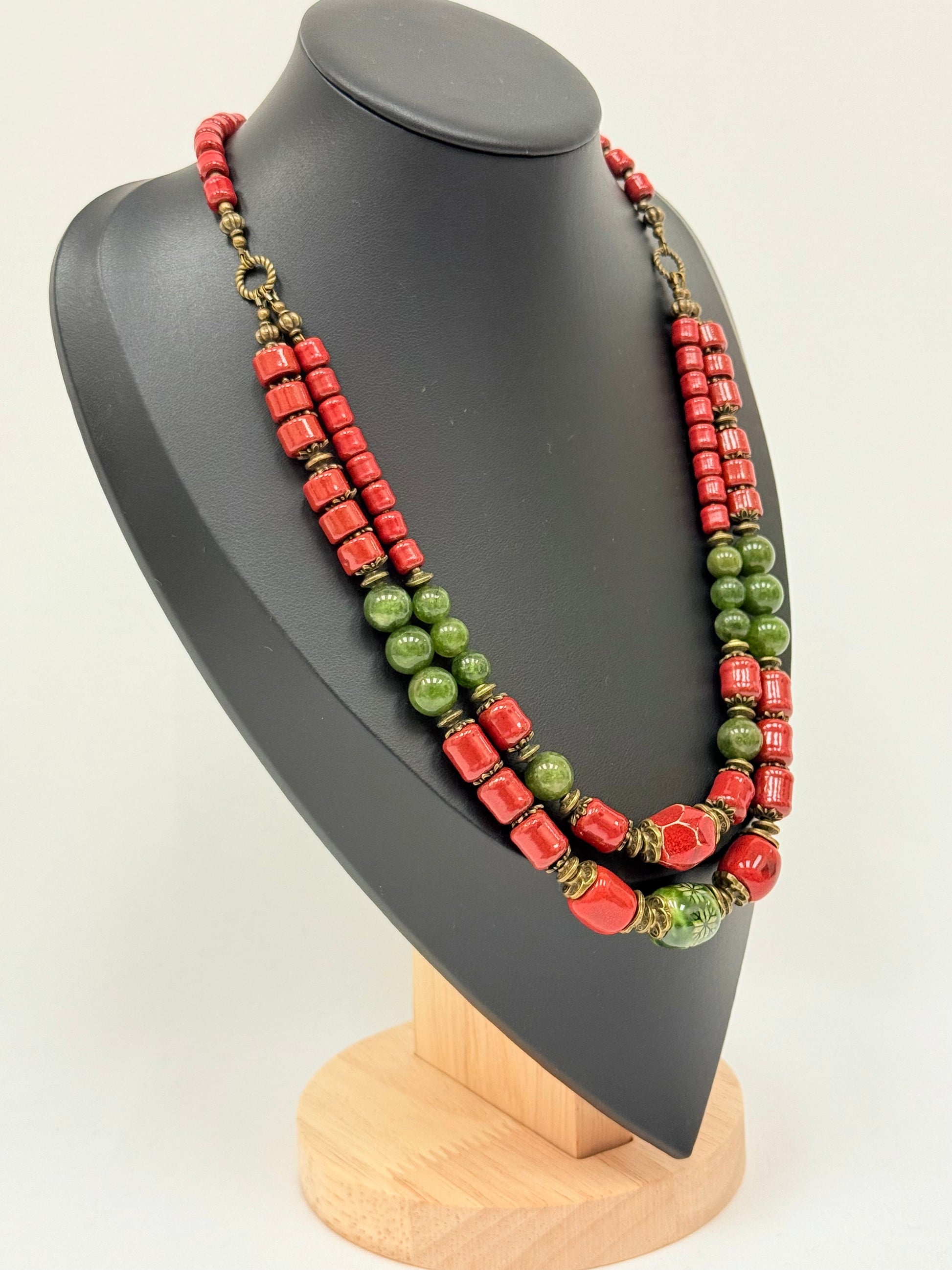 Double-Strand Necklace – Red Kosiv Ceramics with Green Jade Beads