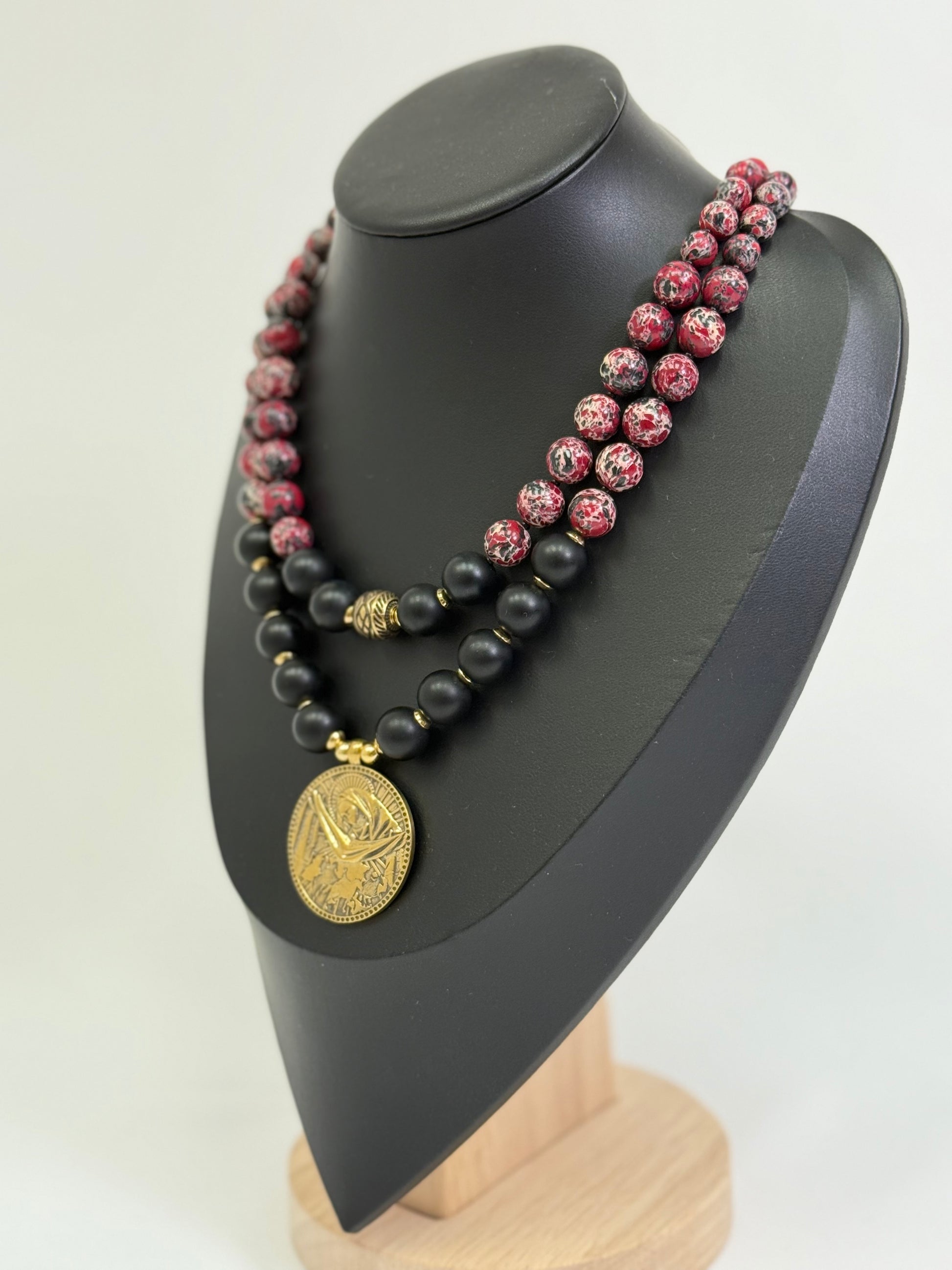 Natural Burgundy-Black Stone Necklace with a Brass Pendant of the "Pokrovy Bohorodytsy"