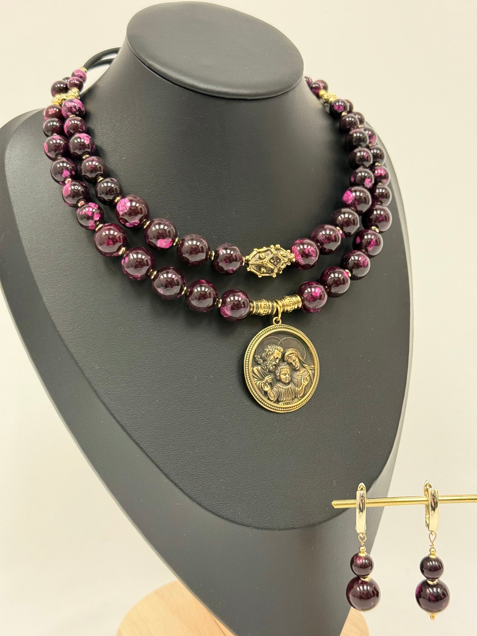 Two-Strand Pink-Brown Jasper Choker with Brass Holy Family Pendant