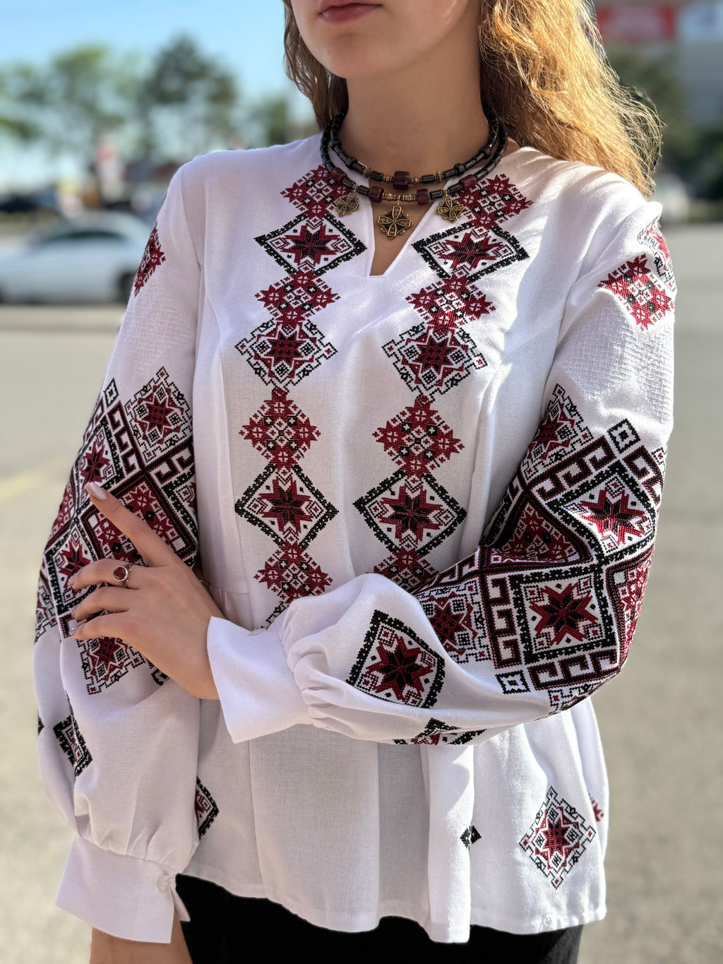Women’s Embroidered Shirt "Red Star" – White Ukrainian Vyshyvanka with Red and Black Embroidery