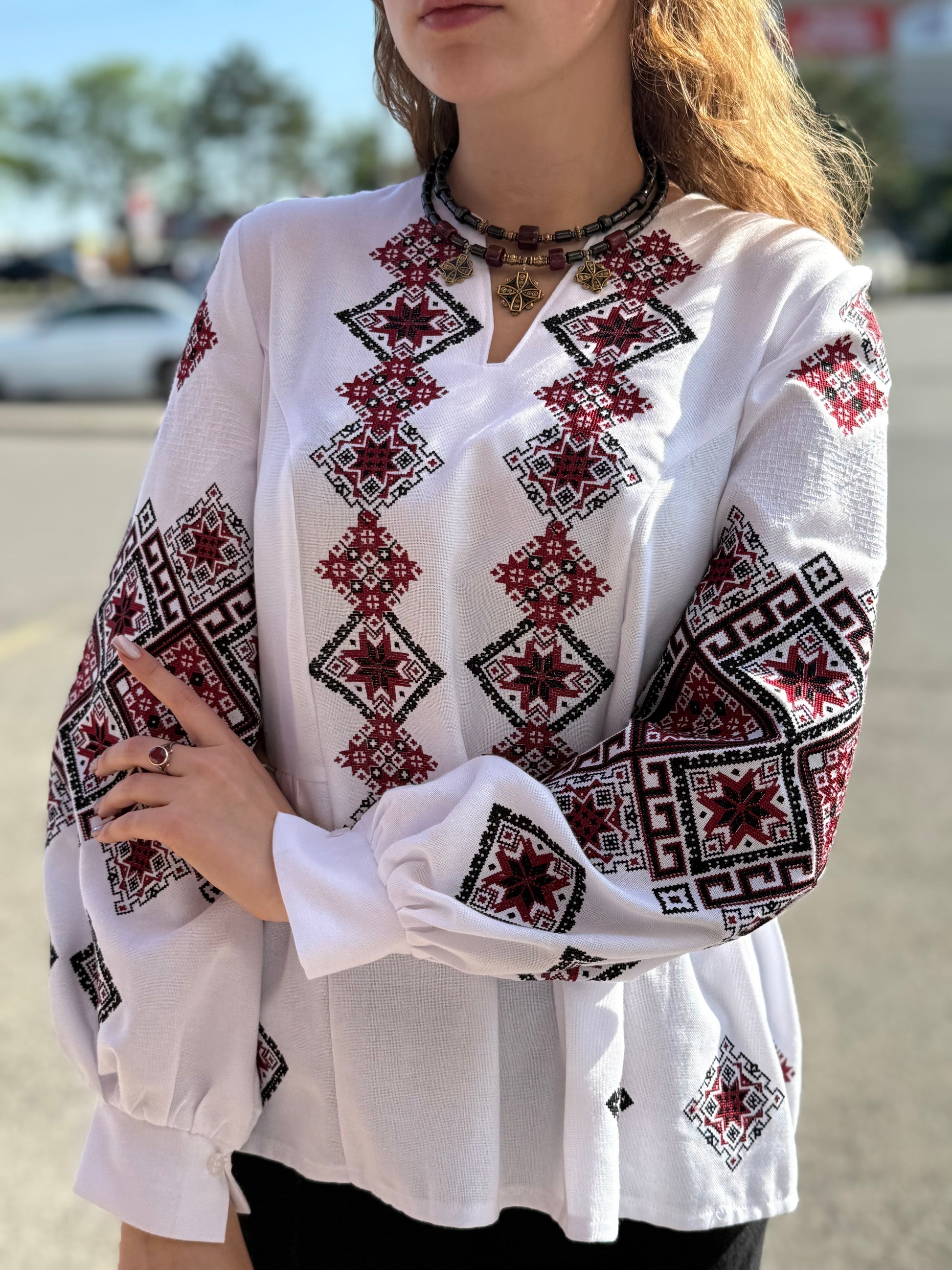 Women’s Embroidered Shirt "Red Star" – White Ukrainian Vyshyvanka with Red and Black Embroidery