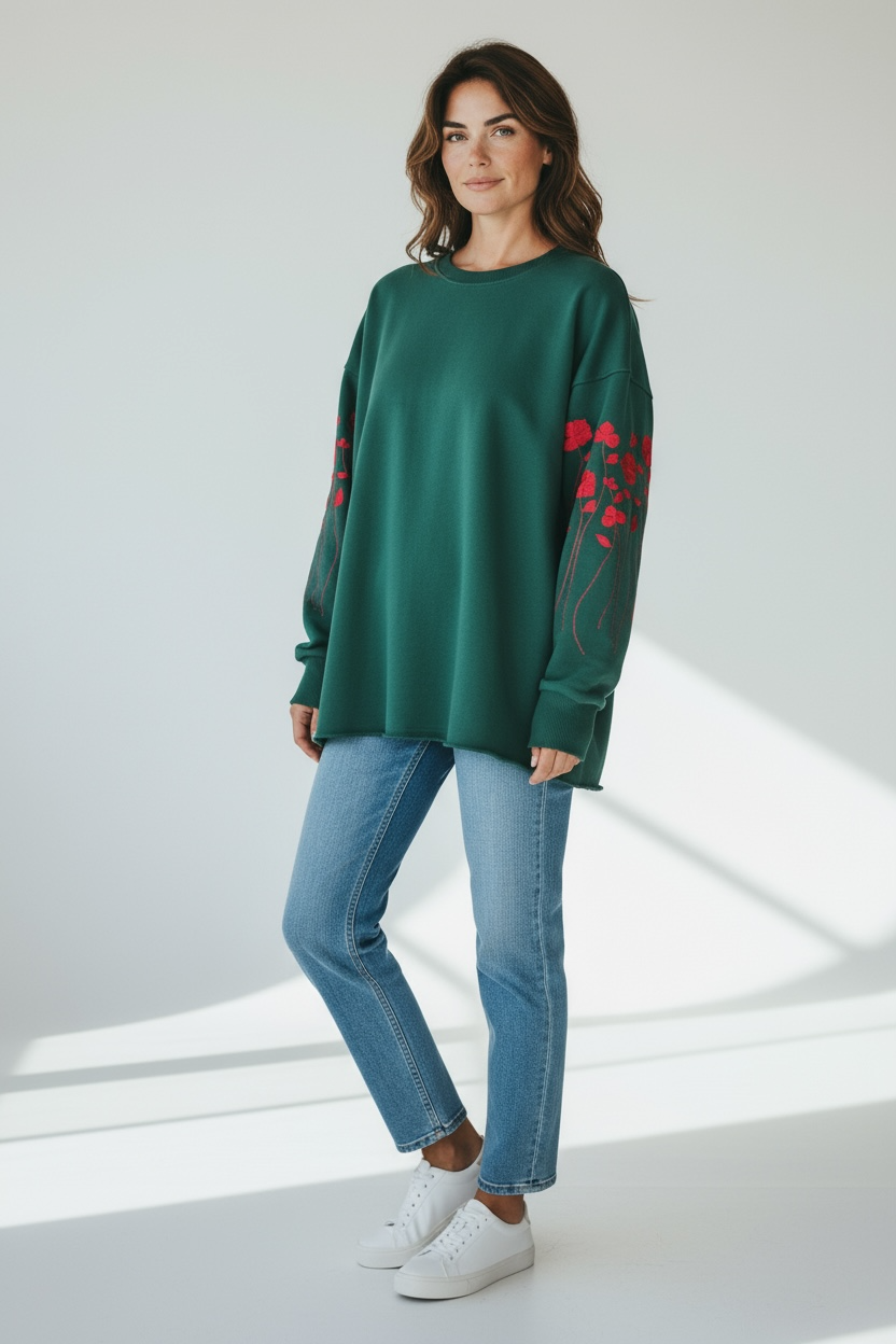 Oversized Sweatshirt With "Flowers" Embroidery And Raw Hem