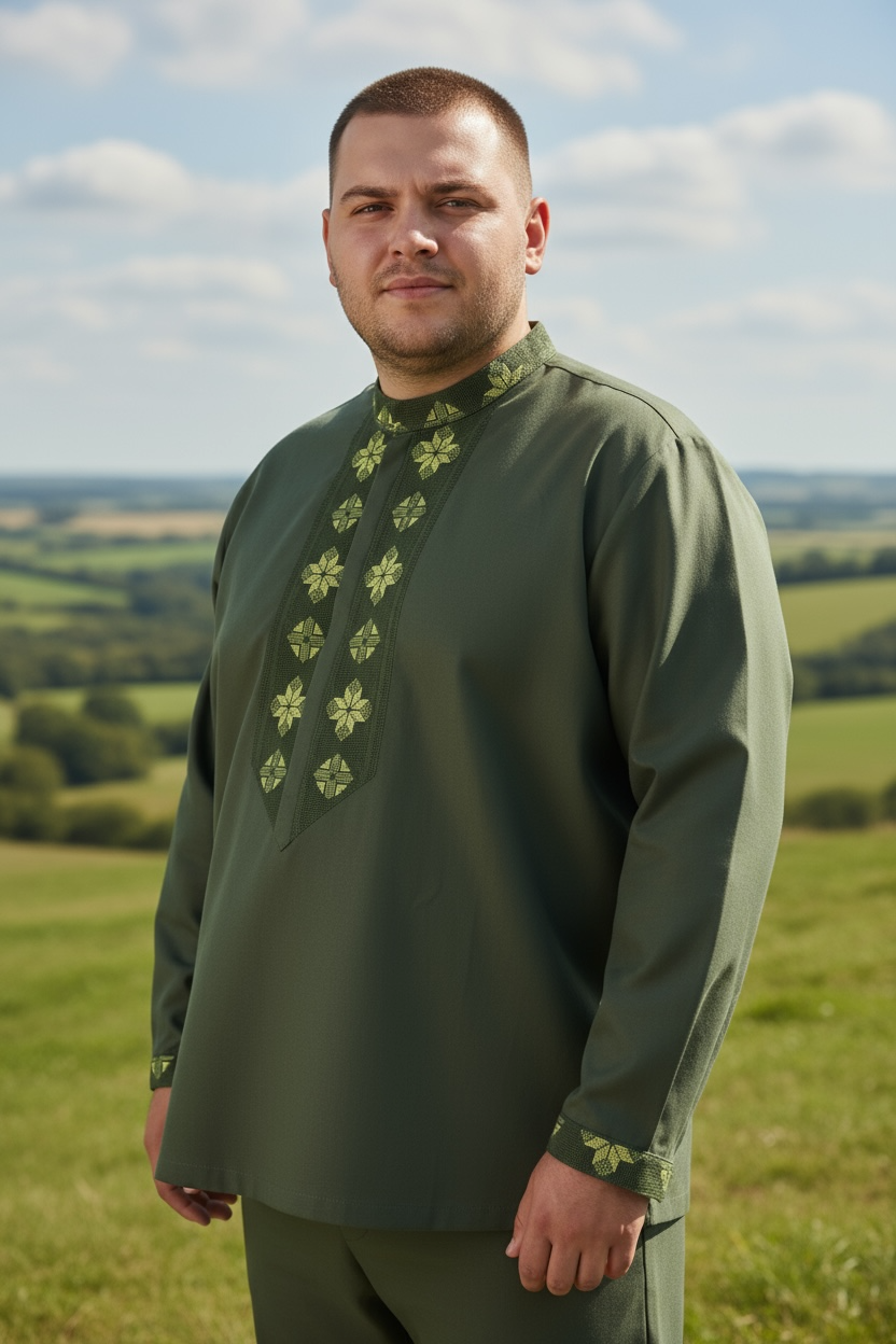 Men’s Linen Dark Green Vyshyvanka With Traditional Embroidery Long Sleeve