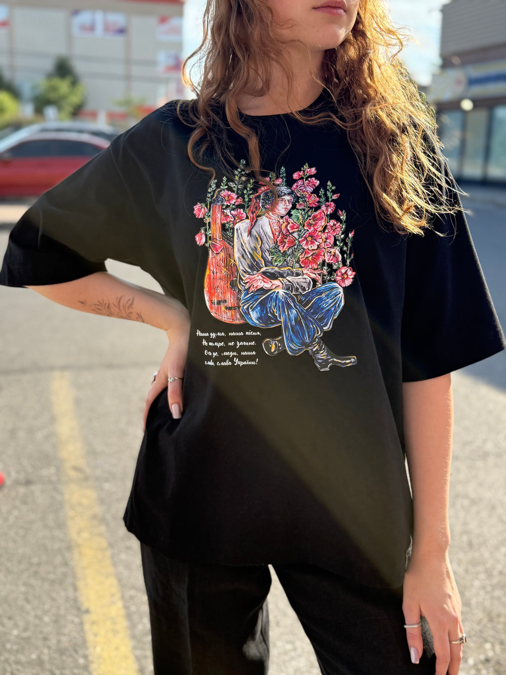 T-Shirt with Ukrainian Print Cossack with Bandura Black
