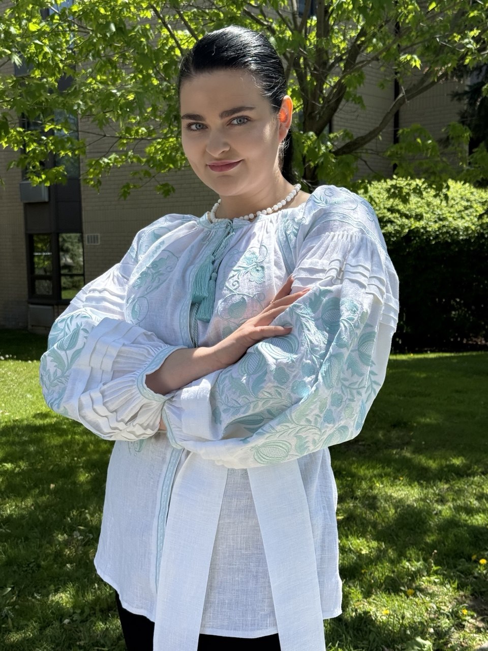 Women's White Embroidered Blouse with Mint Floral Embroidery & Belt