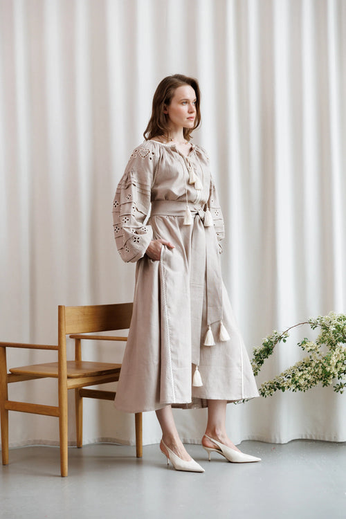 Adel Linen Embroidered Dress – Coffee with Milk