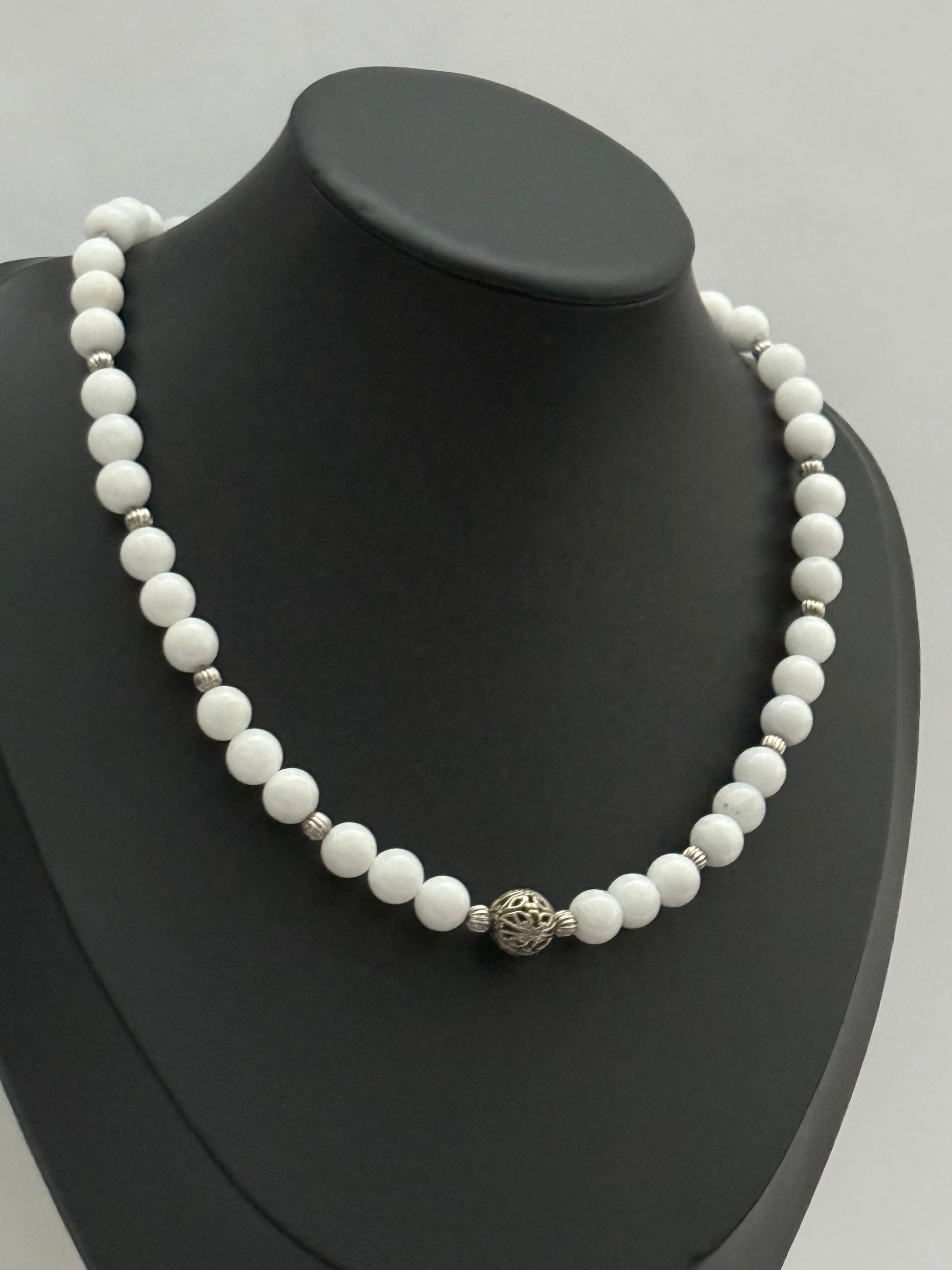 White Quartz Necklace with Metal Center Bead | Single Strand