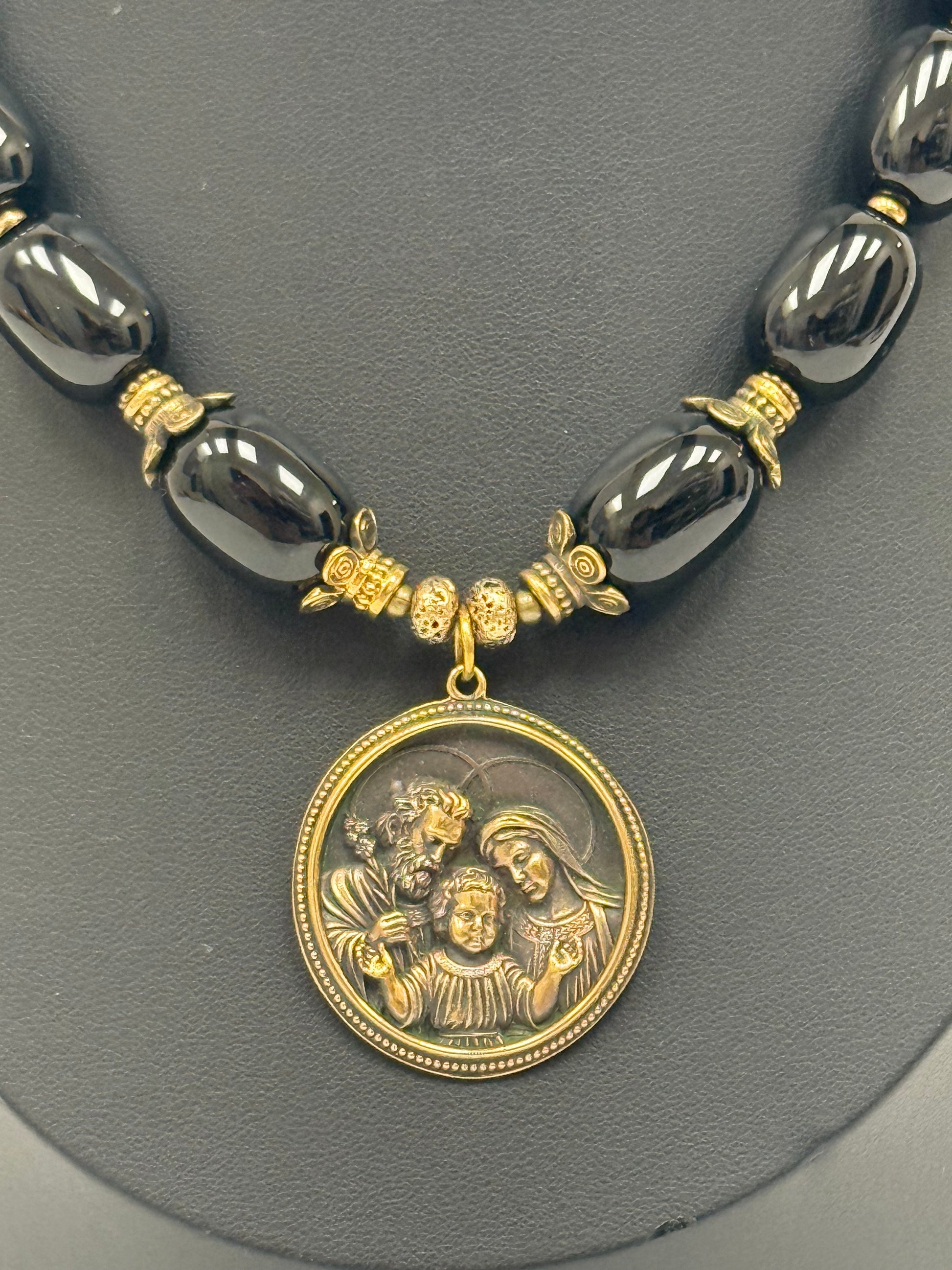Single-Strand Necklace – Black Agate with Brass "Holy Family" Pendant