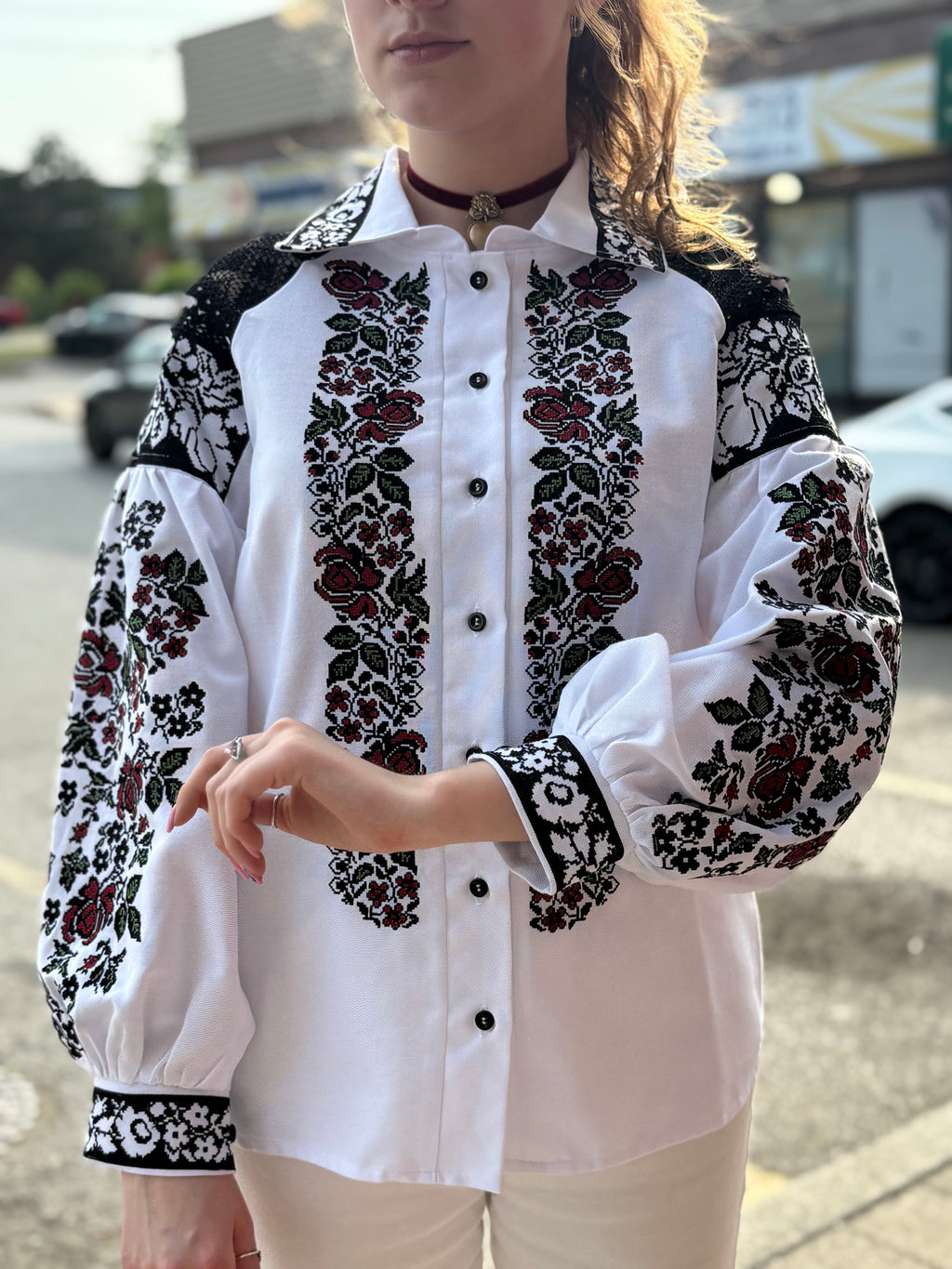 Women’s Embroidered Shirt "Ruta" – Ukrainian Vyshyvanka with Collar and Lace Accents