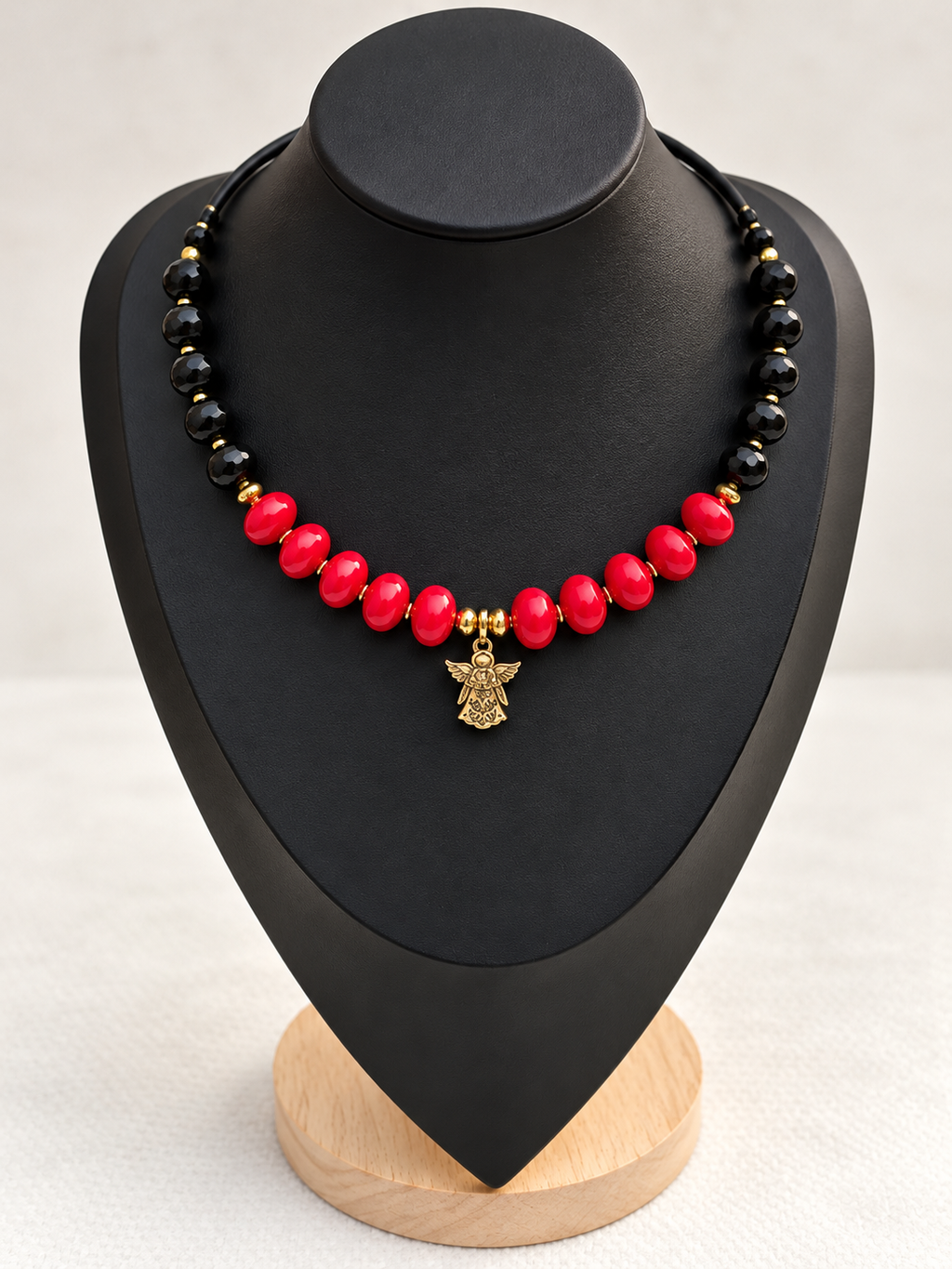 “Angel” Red & Black Glass Bead Choker with Brass Pendant
