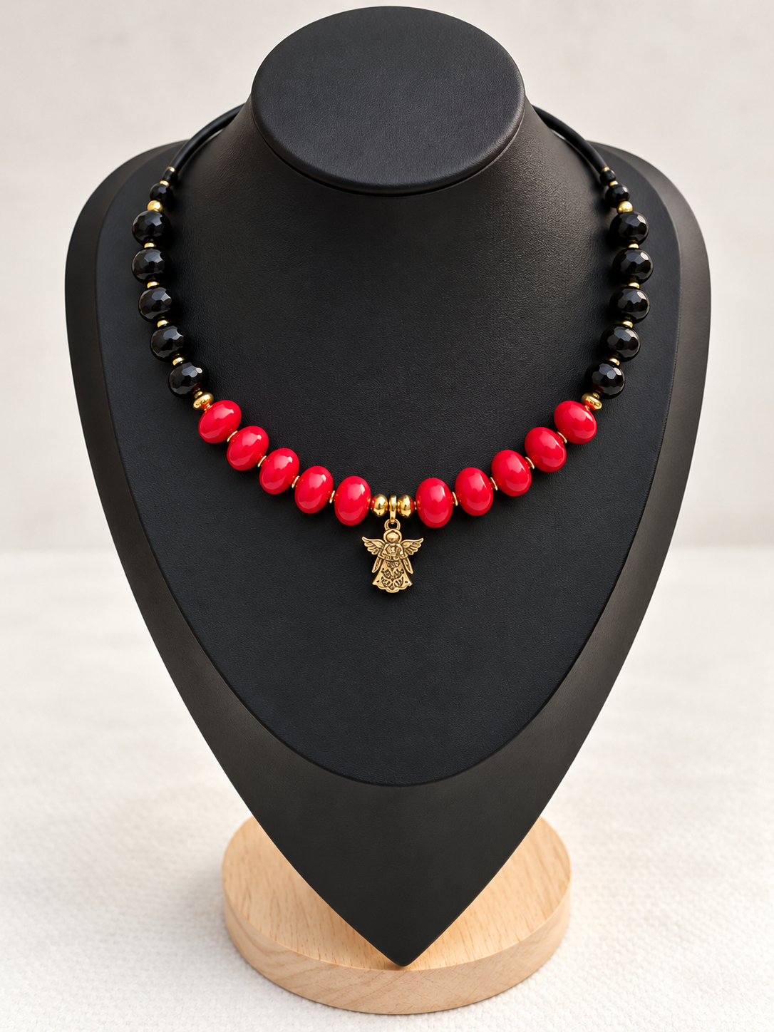 “Angel” Red & Black Glass Bead Choker with Brass Pendant