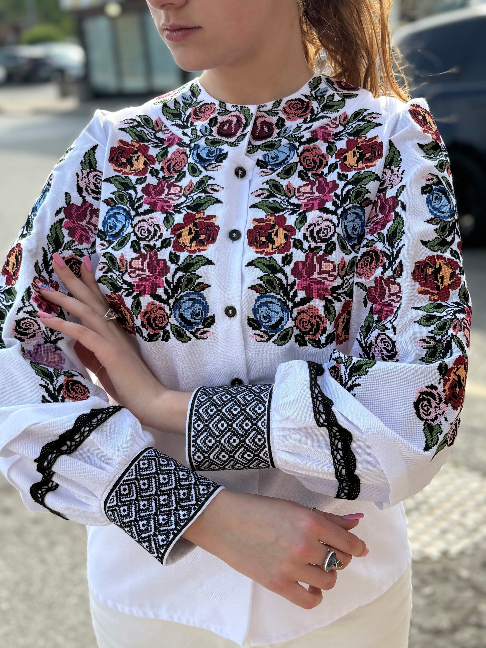 Women’s Embroidered Shirt "Rose" – White Ukrainian Vyshyvanka with Floral Motifs