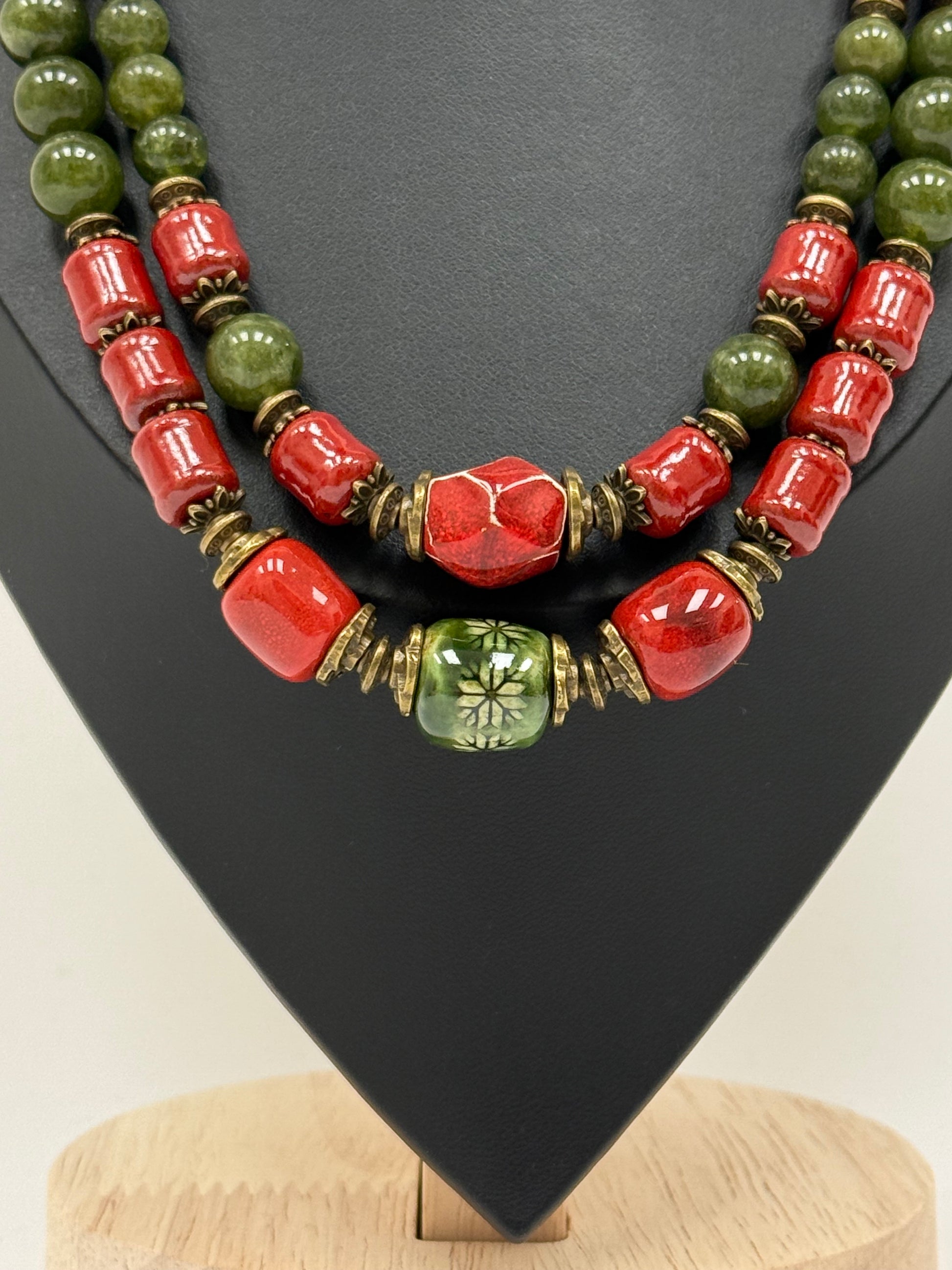 Double-Strand Necklace – Red Kosiv Ceramics with Green Jade Beads