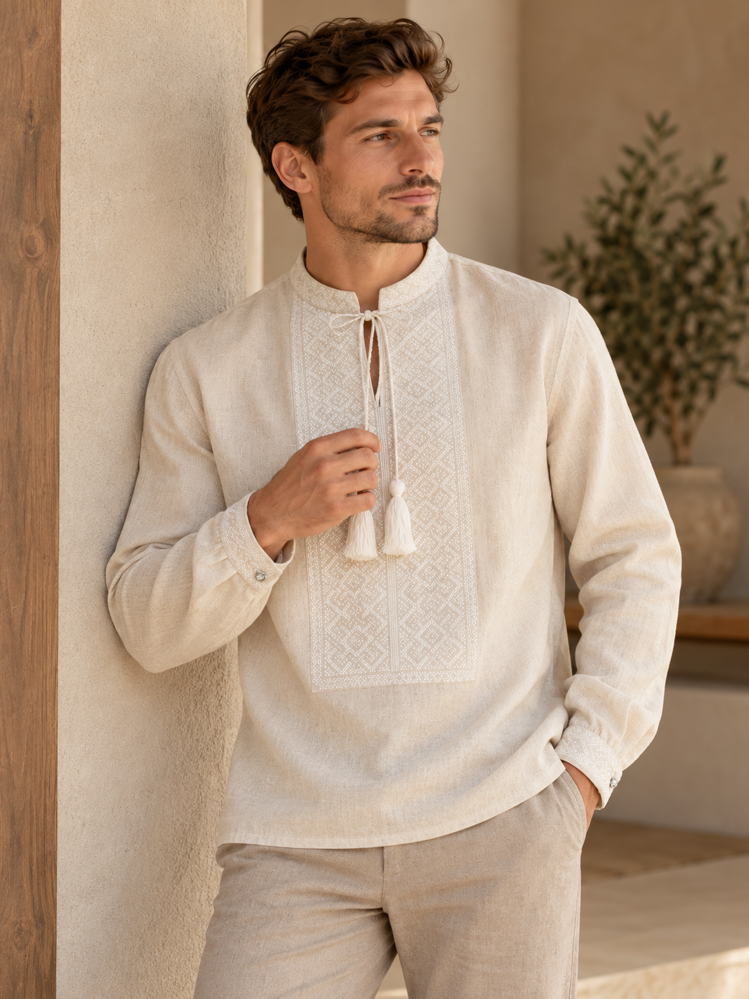 Men's Light Beige Linen Vyshyvanka with White Embroidery