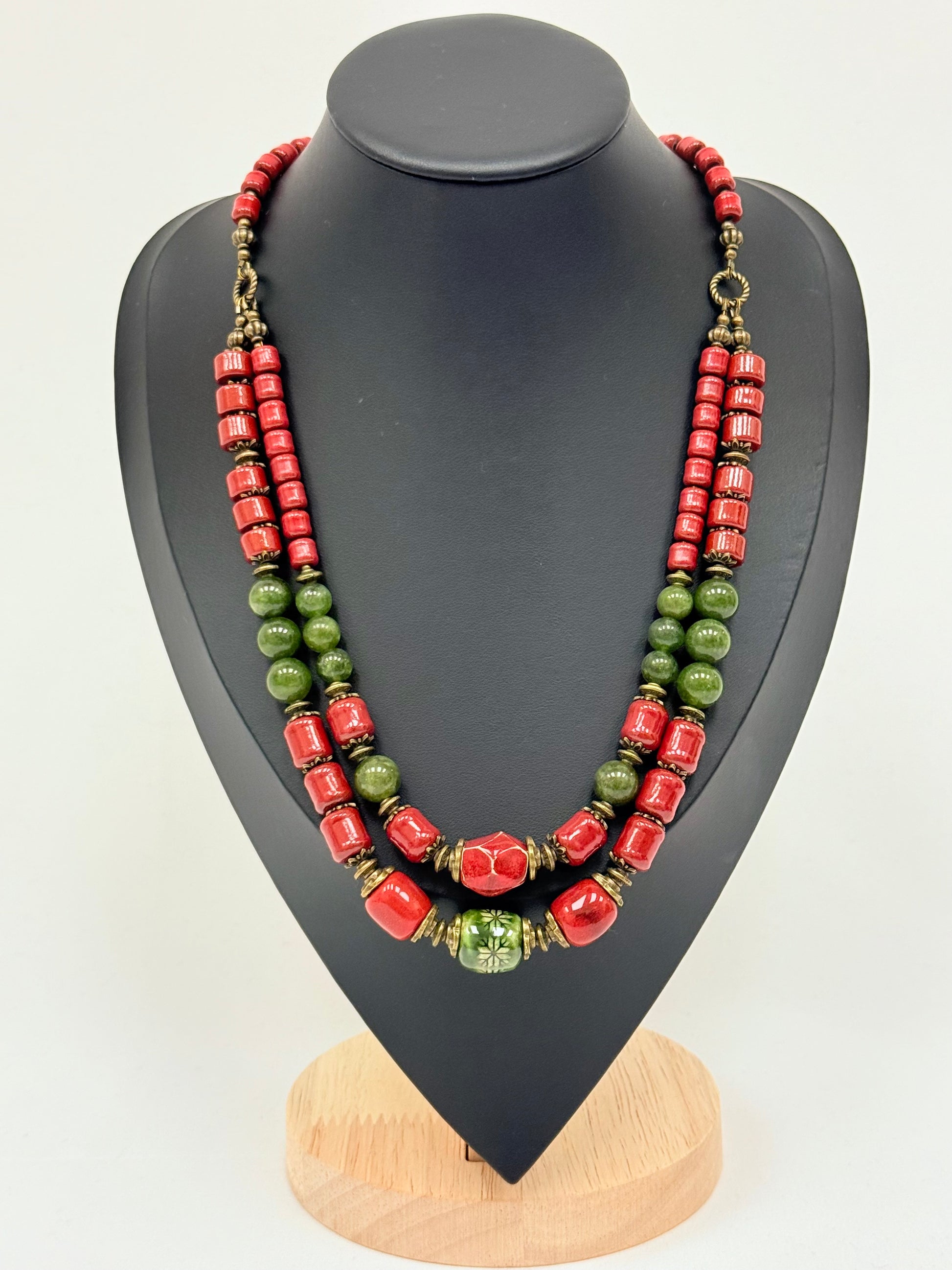 Double-Strand Necklace – Red Kosiv Ceramics with Green Jade Beads
