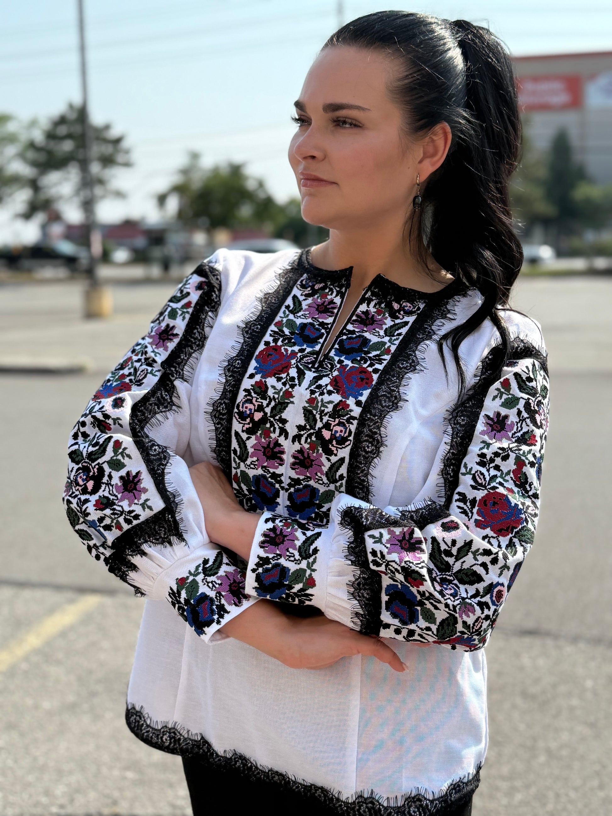 Women’s Embroidered Shirt "Kucheriava" – White Ukrainian Vyshyvanka with Floral Motifs