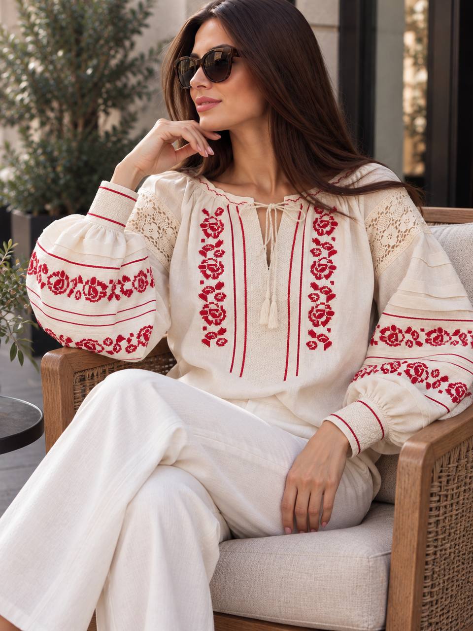 Women's Floral Embroidered Blouse with Lace Details – Ivory & Burgundy