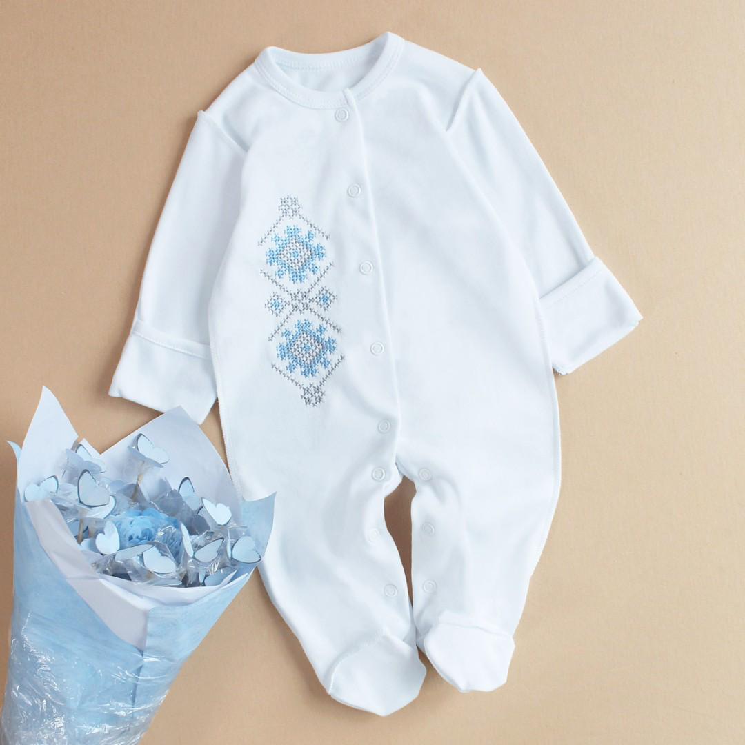 Embroidered Baby Boy Romper with Traditional Ukrainian Ornament
