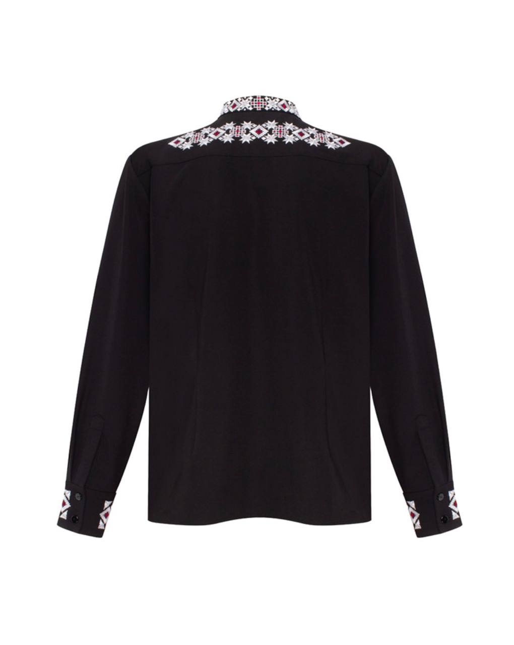 Men's Black Ukrainian Vyshyvanka “Burevii” with White & Burgundy Geometric Embroidery