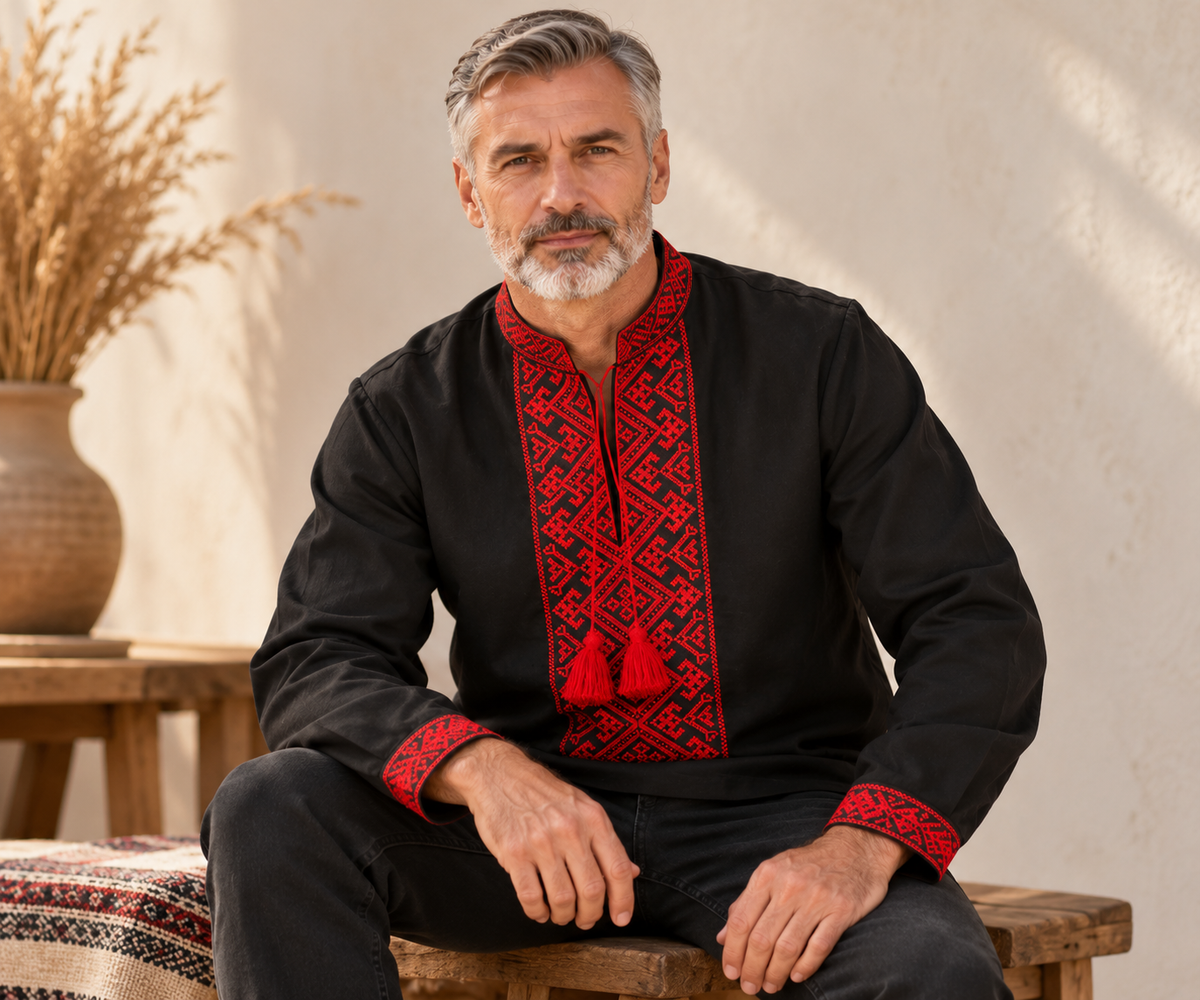 Men's Black Linen Vyshyvanka with Red Geometric Embroidery
