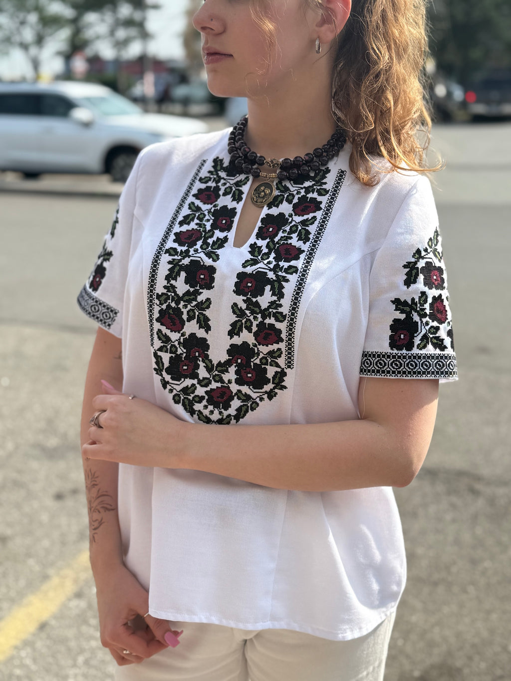Women’s Embroidered Shirt "Festive" – Short Sleeve Ukrainian Vyshyvanka with Colorful Floral Embroidery